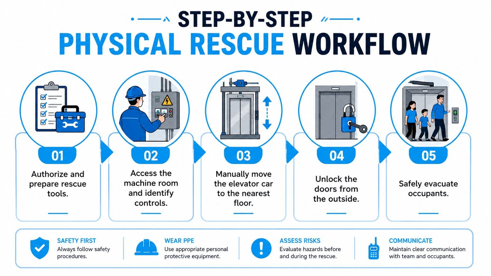 A five-step physical rescue workflow diagram showing how to safely evacuate people from a stalled elevator.