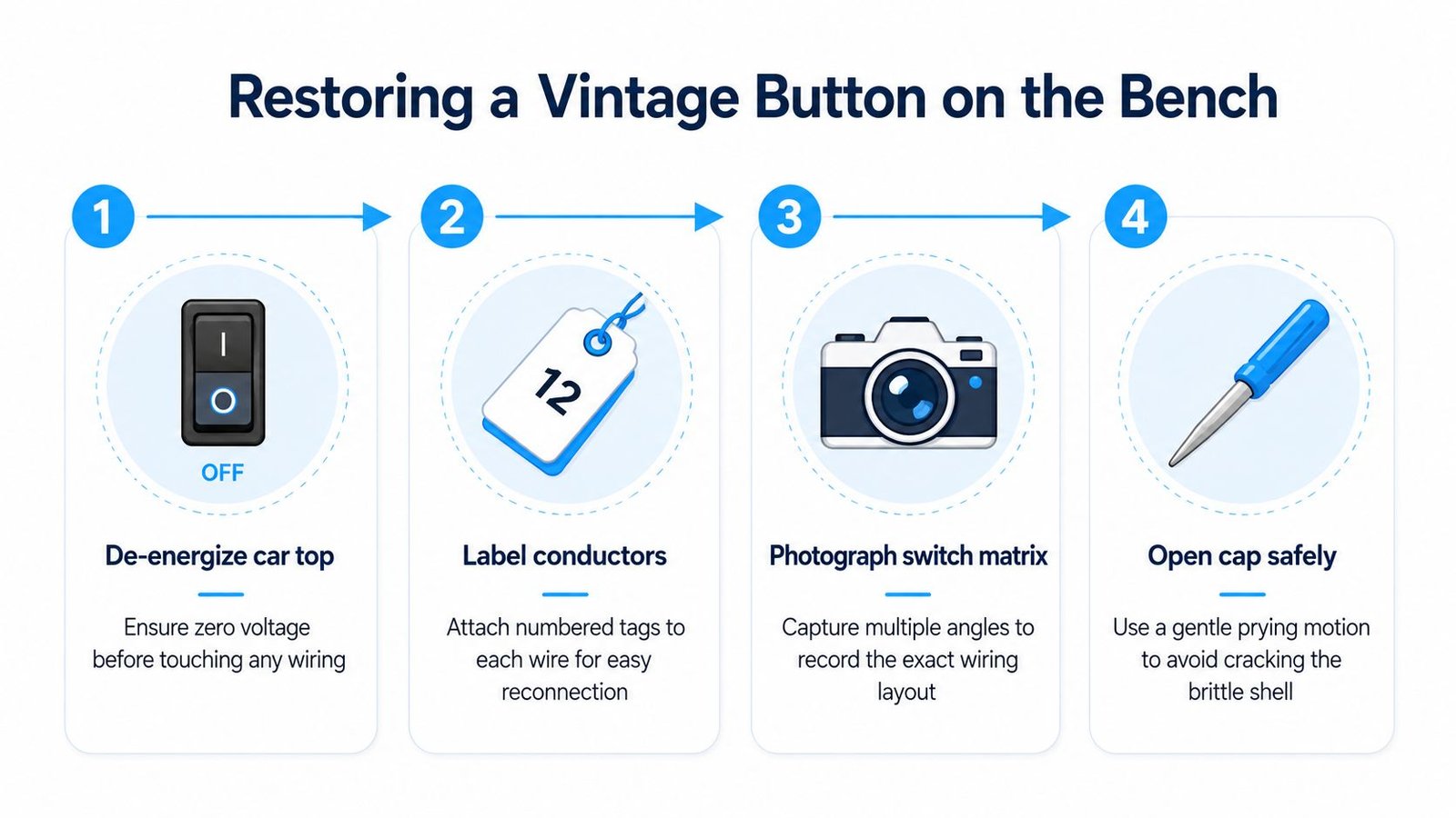 A four-step infographic showing how to safely restore a vintage elevator button on a workbench.