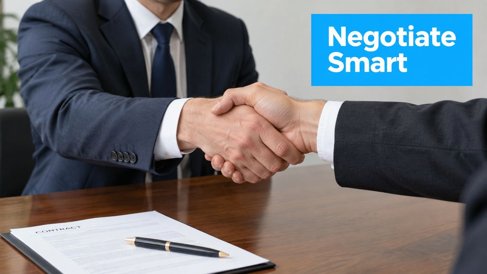 A professional business person shaking hands with a partner over a contract on a wooden office desk.