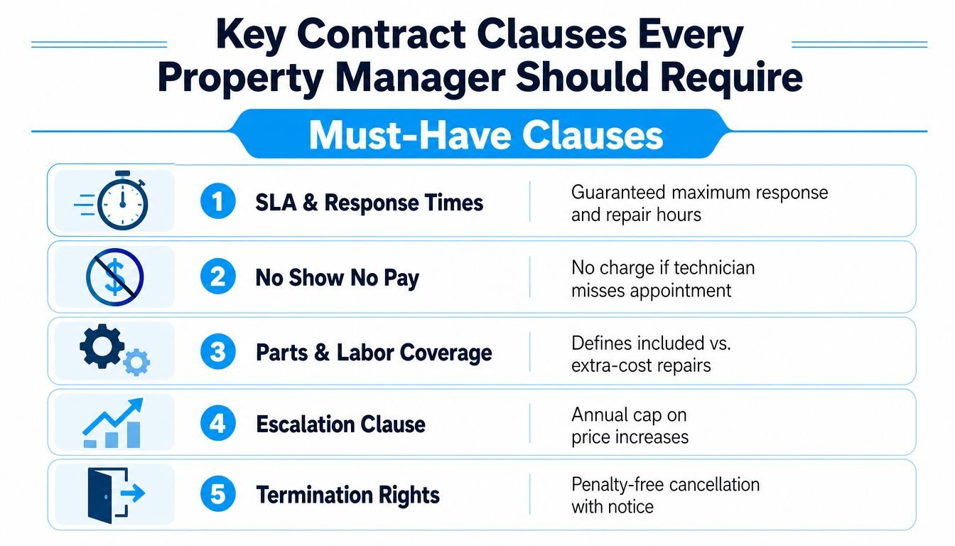 A list of five essential contract clauses property managers should require for service agreements and repairs.