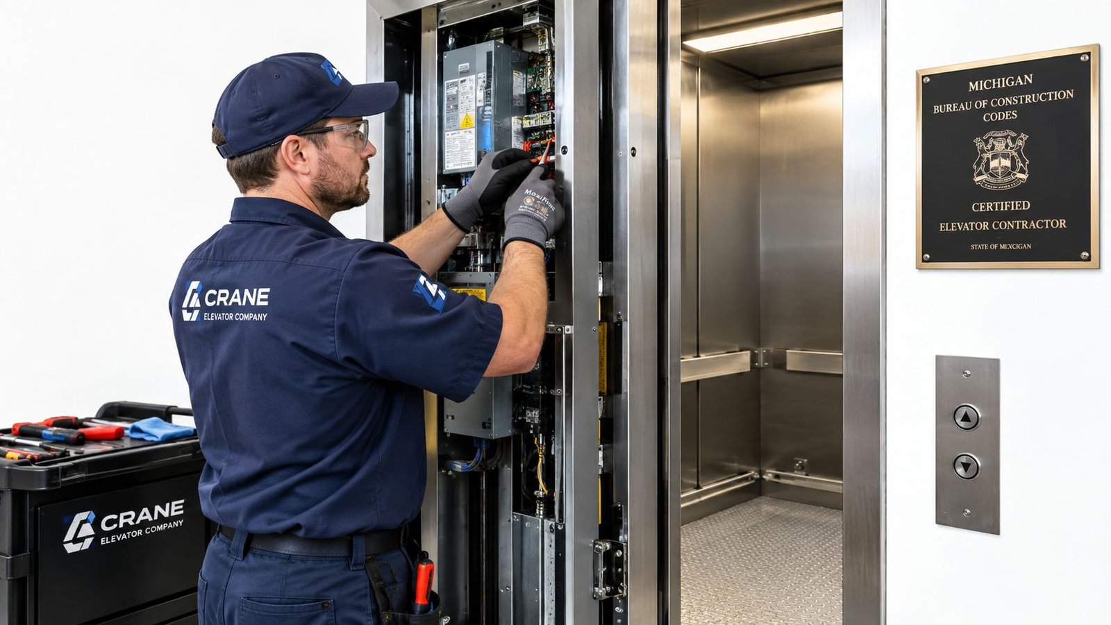 A professional elevator technician in a Crane Elevator Company uniform repairing electrical controls near an elevator car.