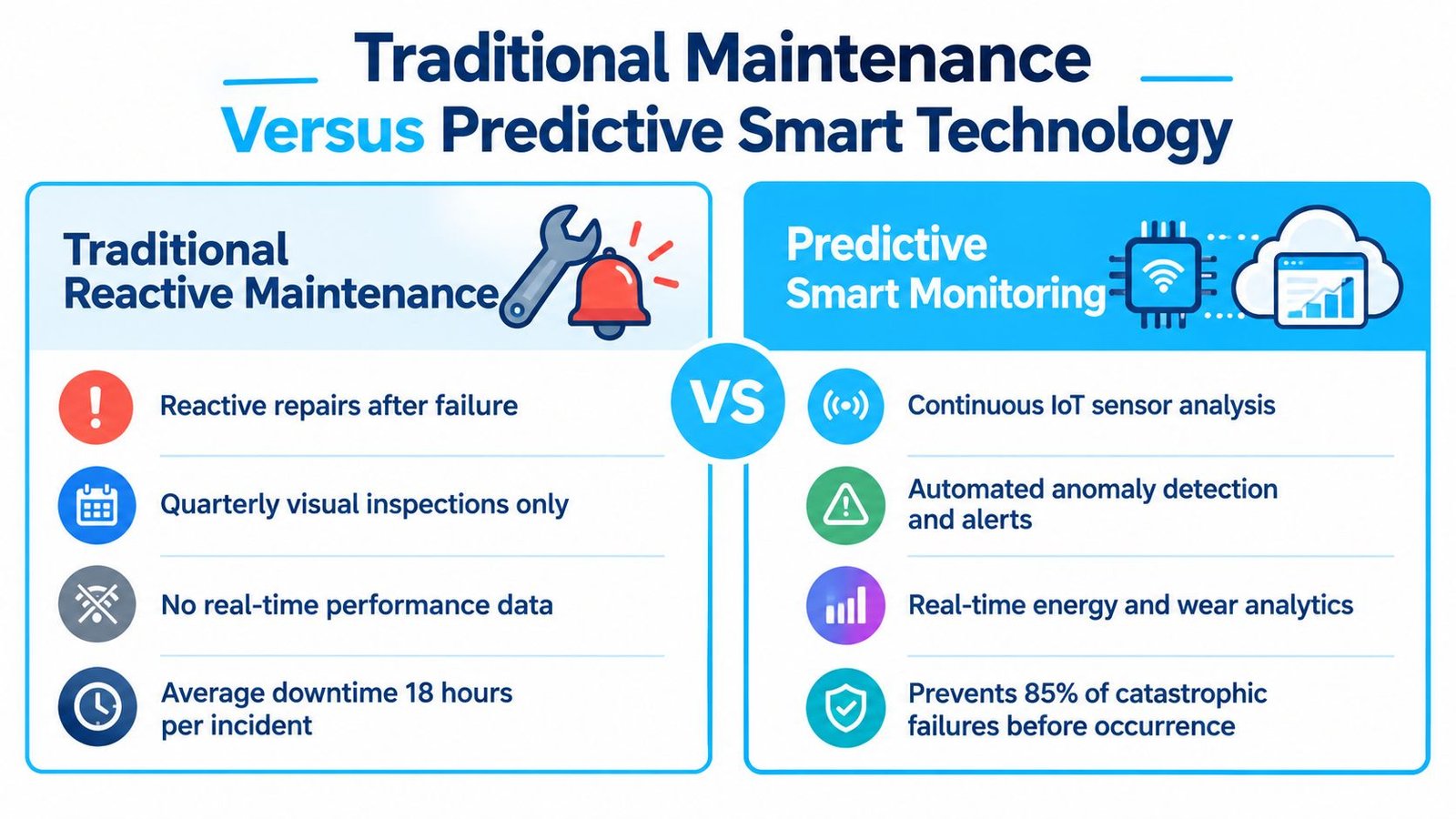 A comparison chart showing the differences between traditional reactive maintenance and modern predictive smart monitoring technologies.