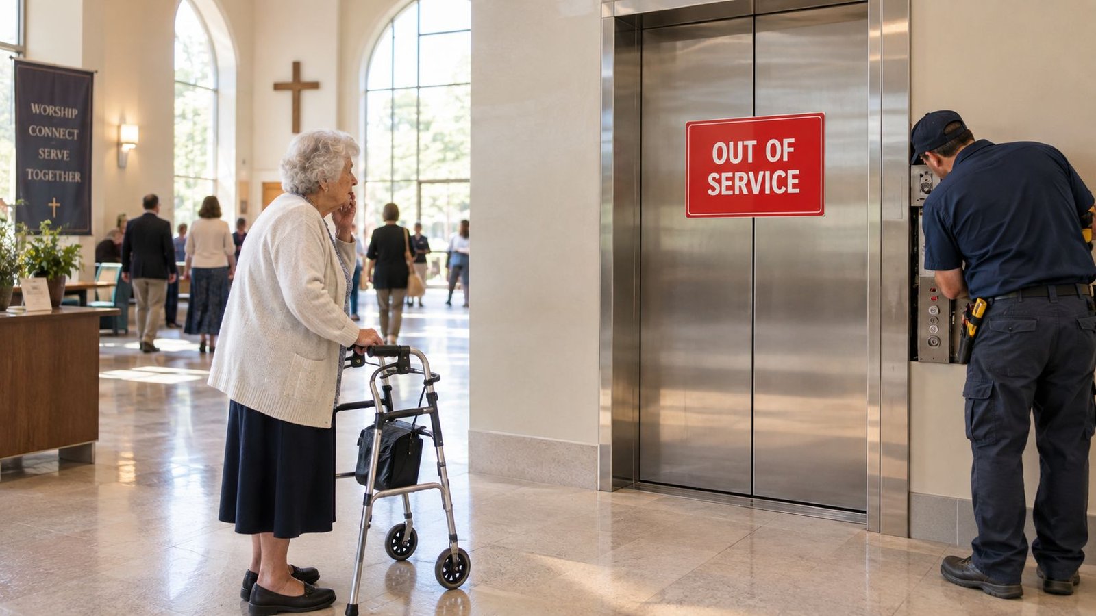 An elderly woman with a walker watches a technician repairing an out-of-service elevator in a church lobby.