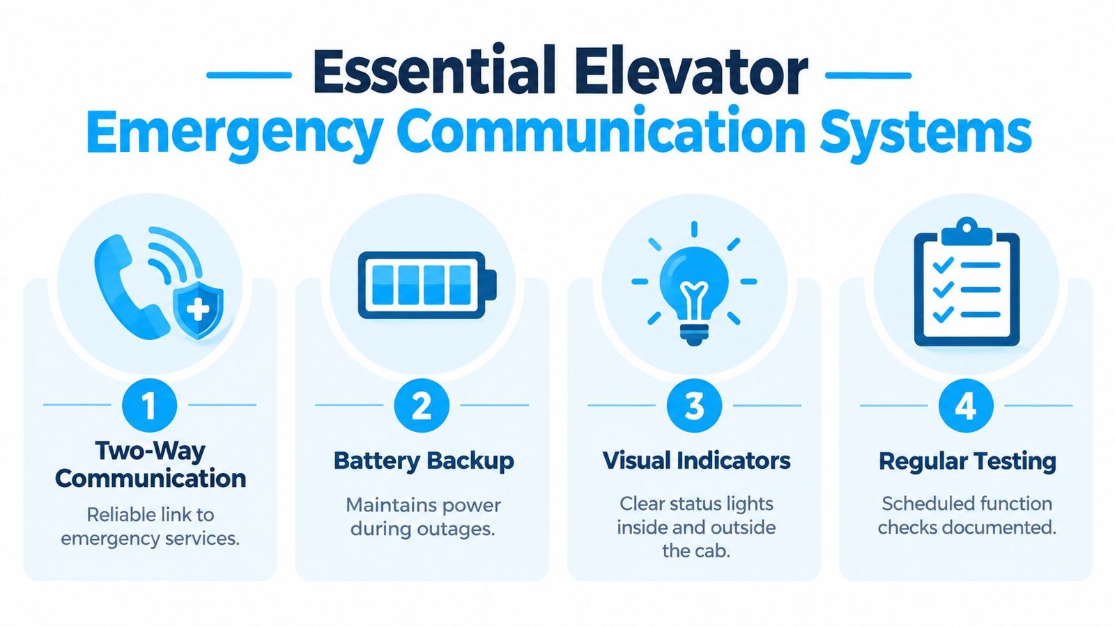 An infographic detailing four essential components for elevator emergency communication systems including two-way communication and battery backup.