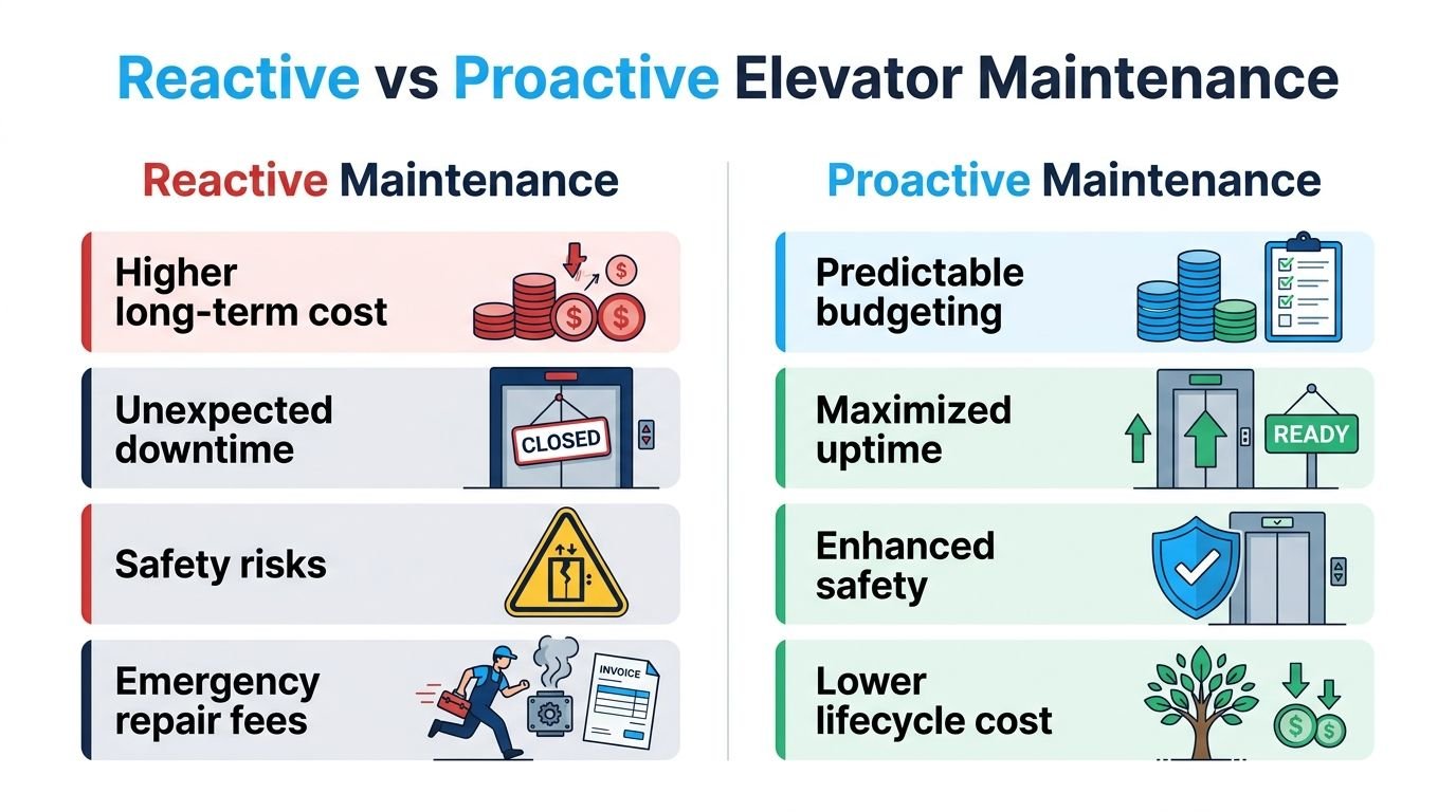 A comparison chart showing the benefits of proactive elevator maintenance versus the drawbacks of reactive maintenance strategies.