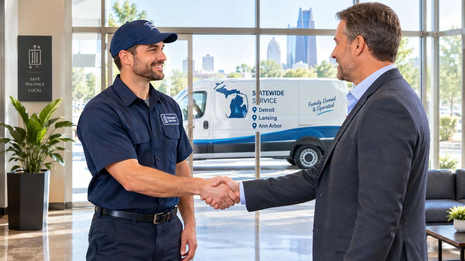 A professional elevator service technician in uniform shaking hands with a businessman in a bright office lobby.