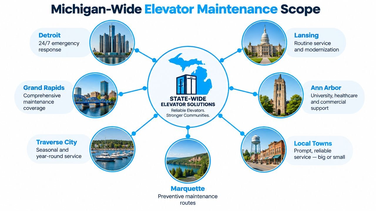 A map graphic showing State-Wide Elevator Solutions providing maintenance services across Michigan cities and regions.
