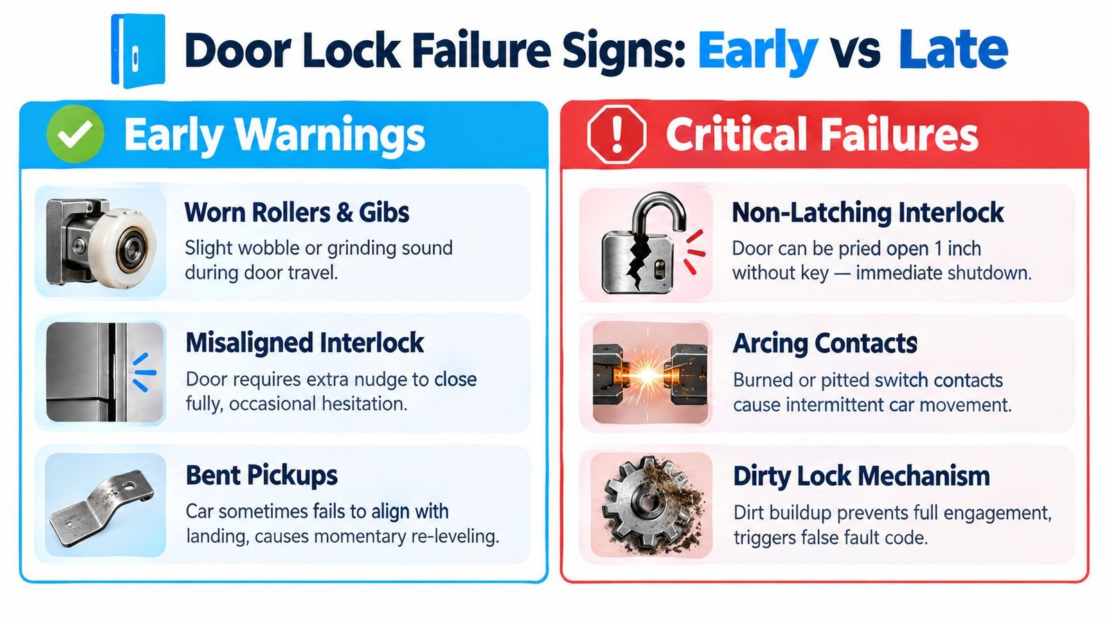 A comparative infographic showing early warning signs versus critical failures in elevator door lock maintenance.