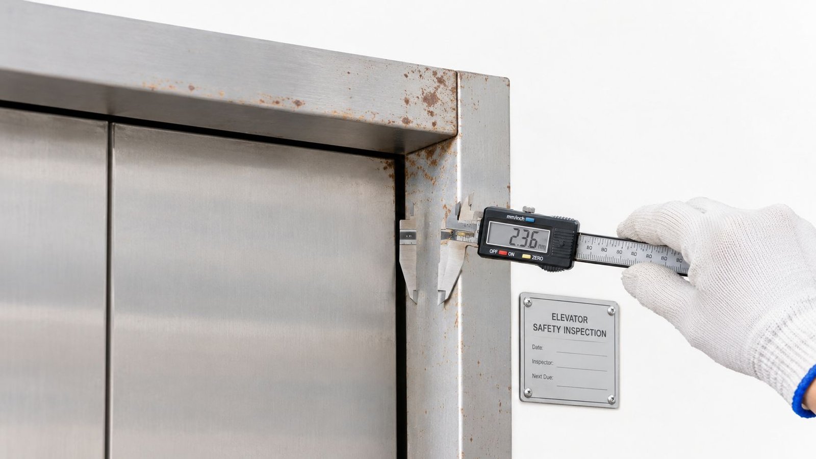 A professional inspector wearing a white glove uses a digital caliper to measure an elevator door gap.