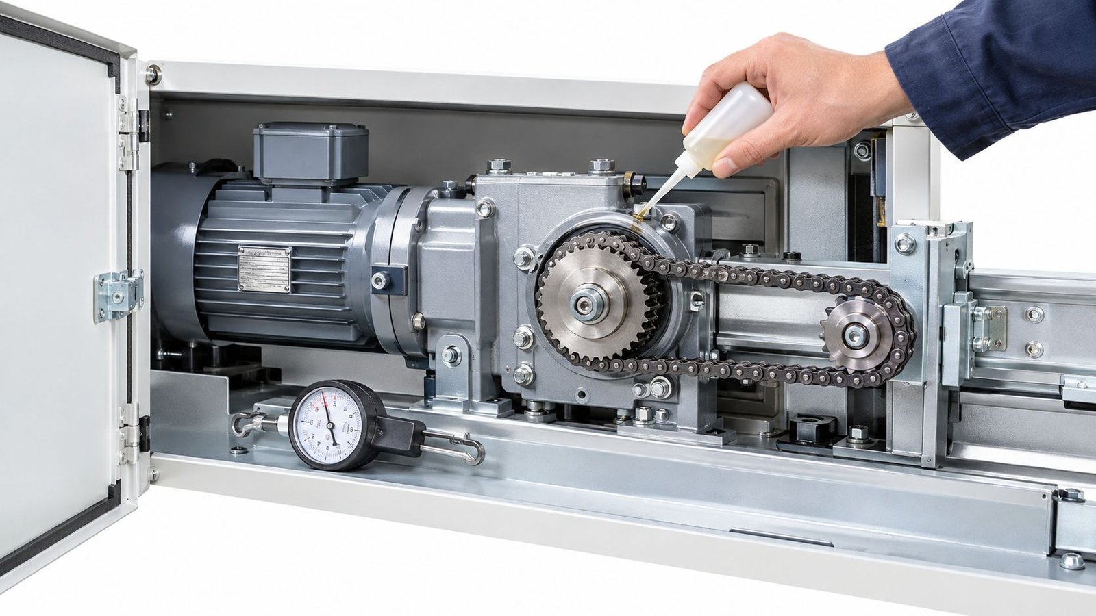 A technician performing maintenance on an industrial elevator door motor mechanism by oiling the drive chain components.