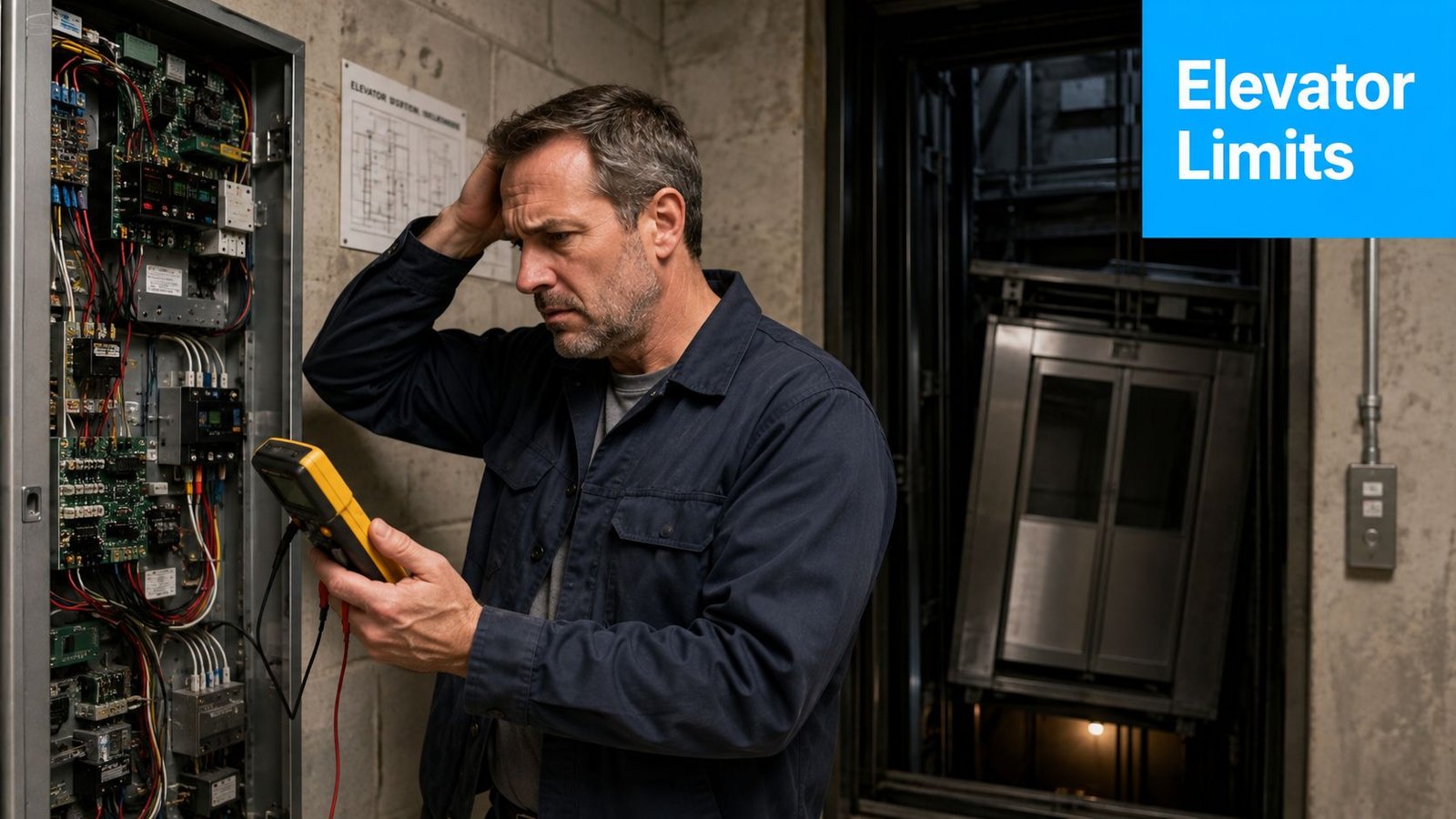 A professional technician checking an elevator control panel with a multimeter while looking confused.