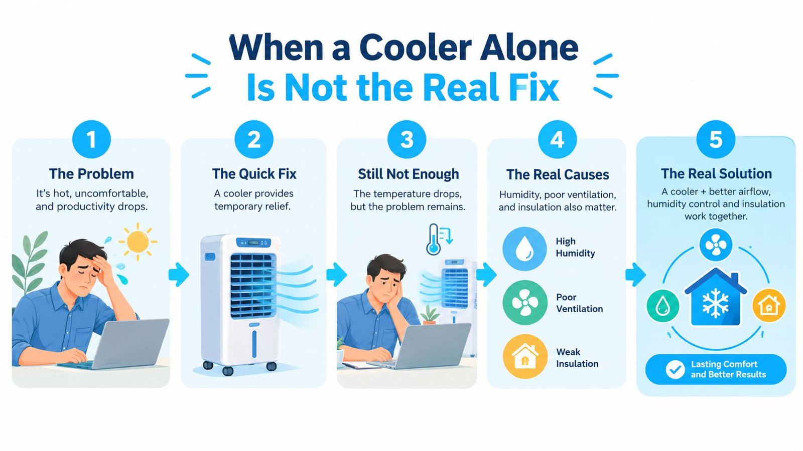 A five-step infographic showing that a portable cooler is not a complete solution for indoor comfort.