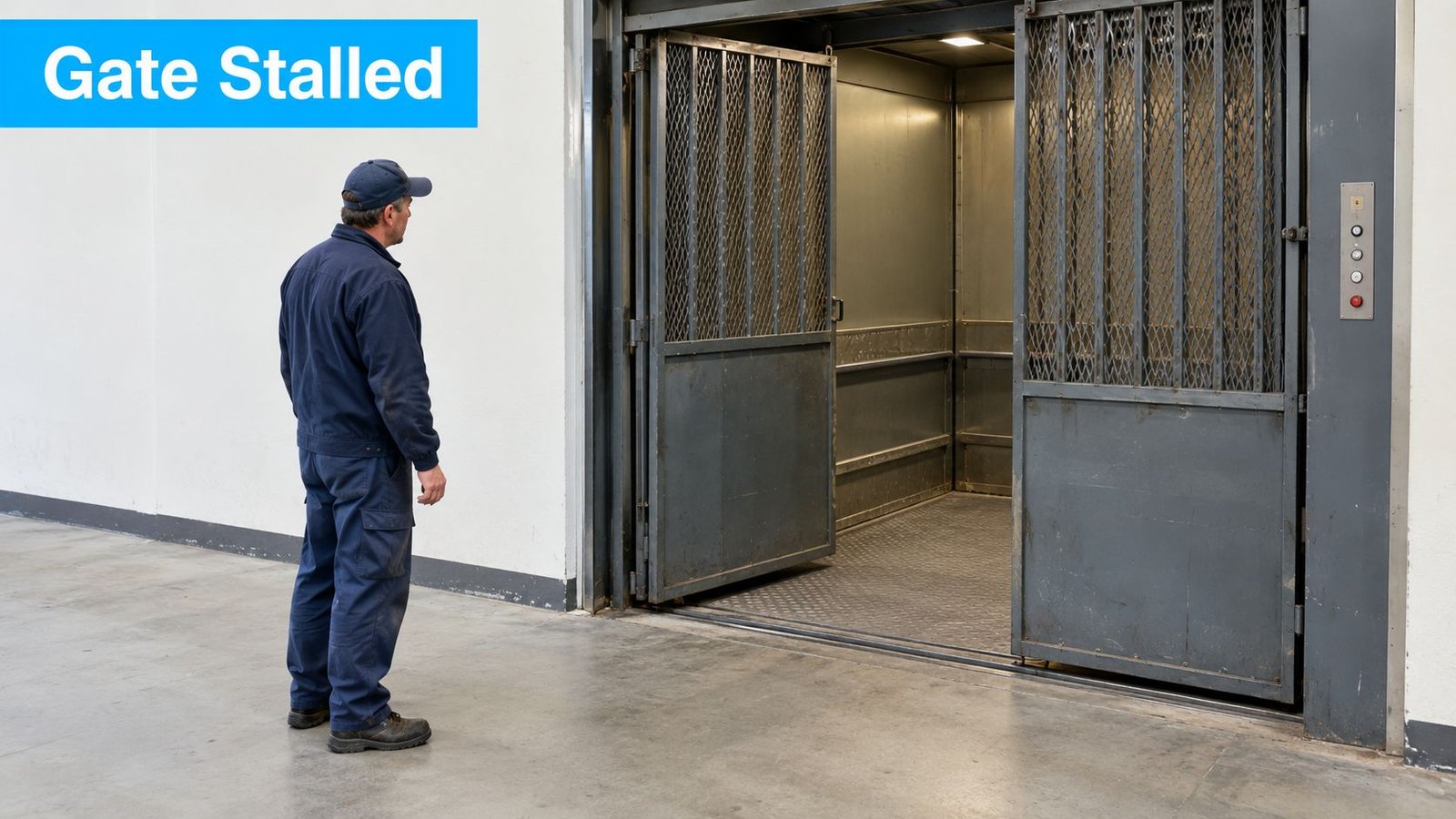 A technician wearing a blue uniform stands and inspects a stalled freight elevator gate in a warehouse.
