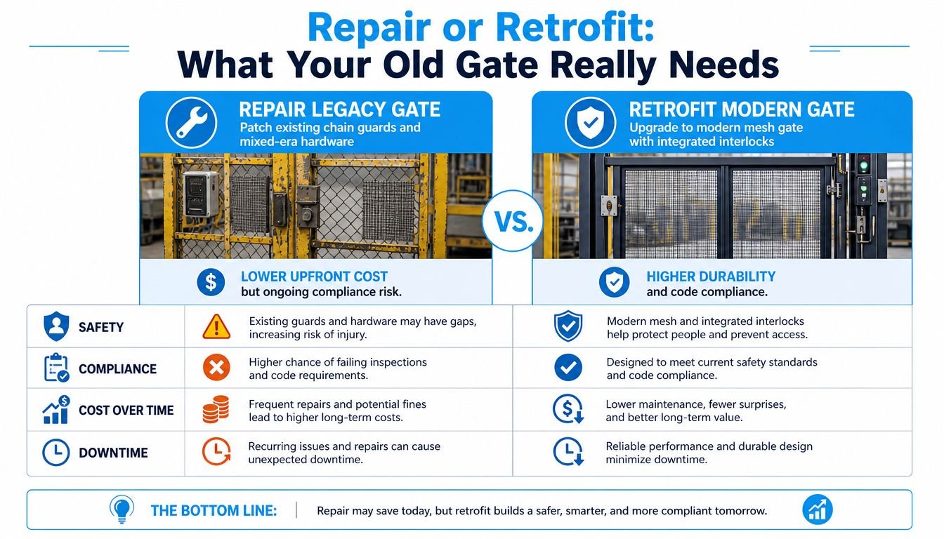 A comparison chart showing the benefits and drawbacks of repairing legacy gates versus retrofitting modern safety gates.