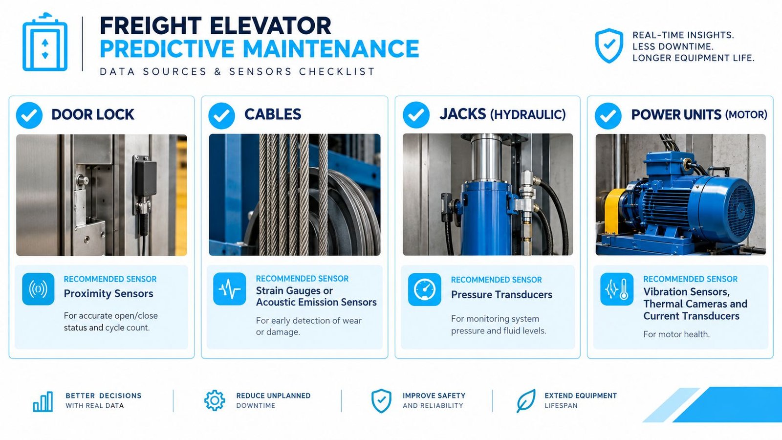 An infographic detailing sensors and data sources for predictive maintenance of freight elevator systems.