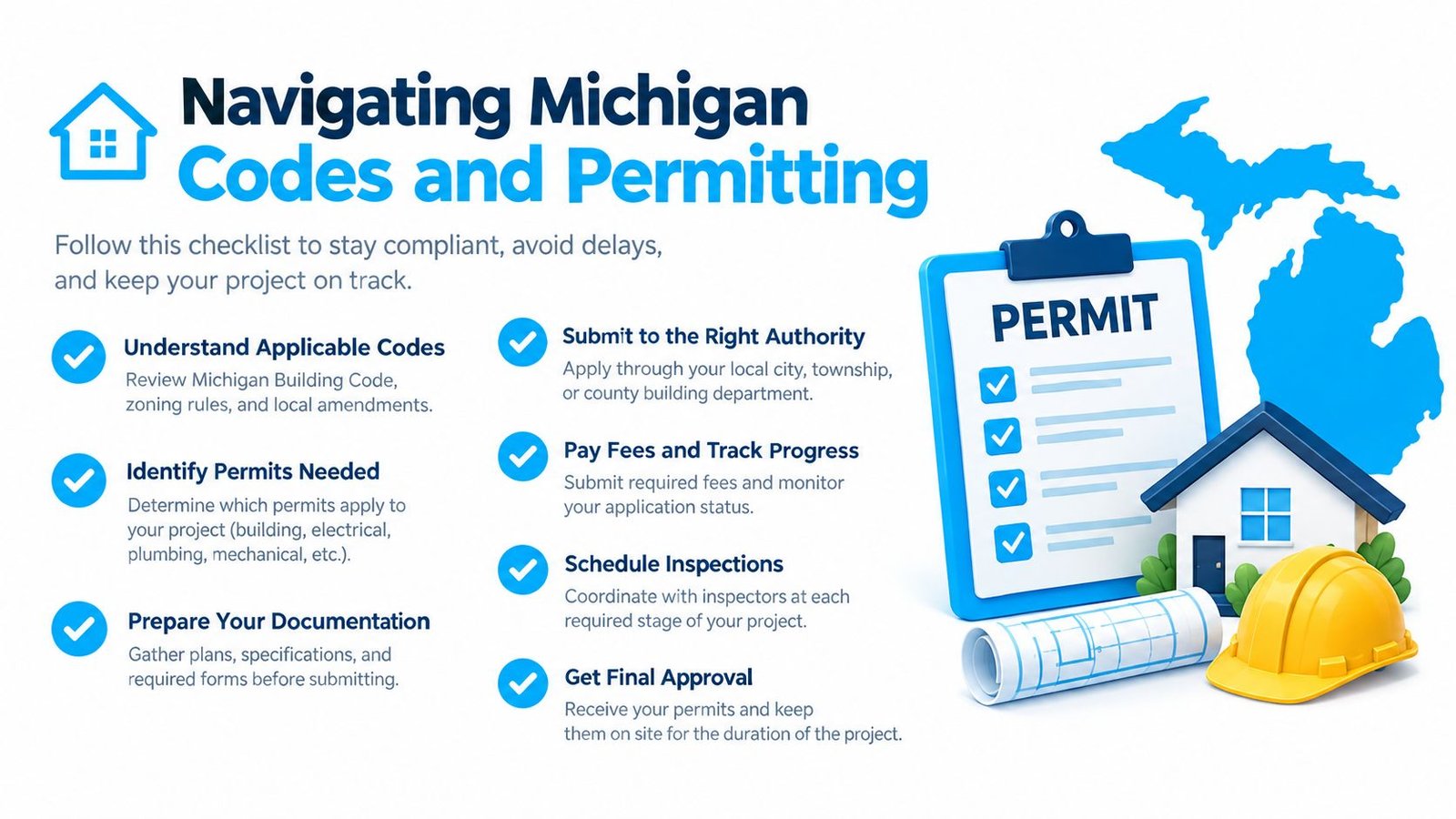 An informative checklist for navigating Michigan building codes and the construction permitting process for home projects.