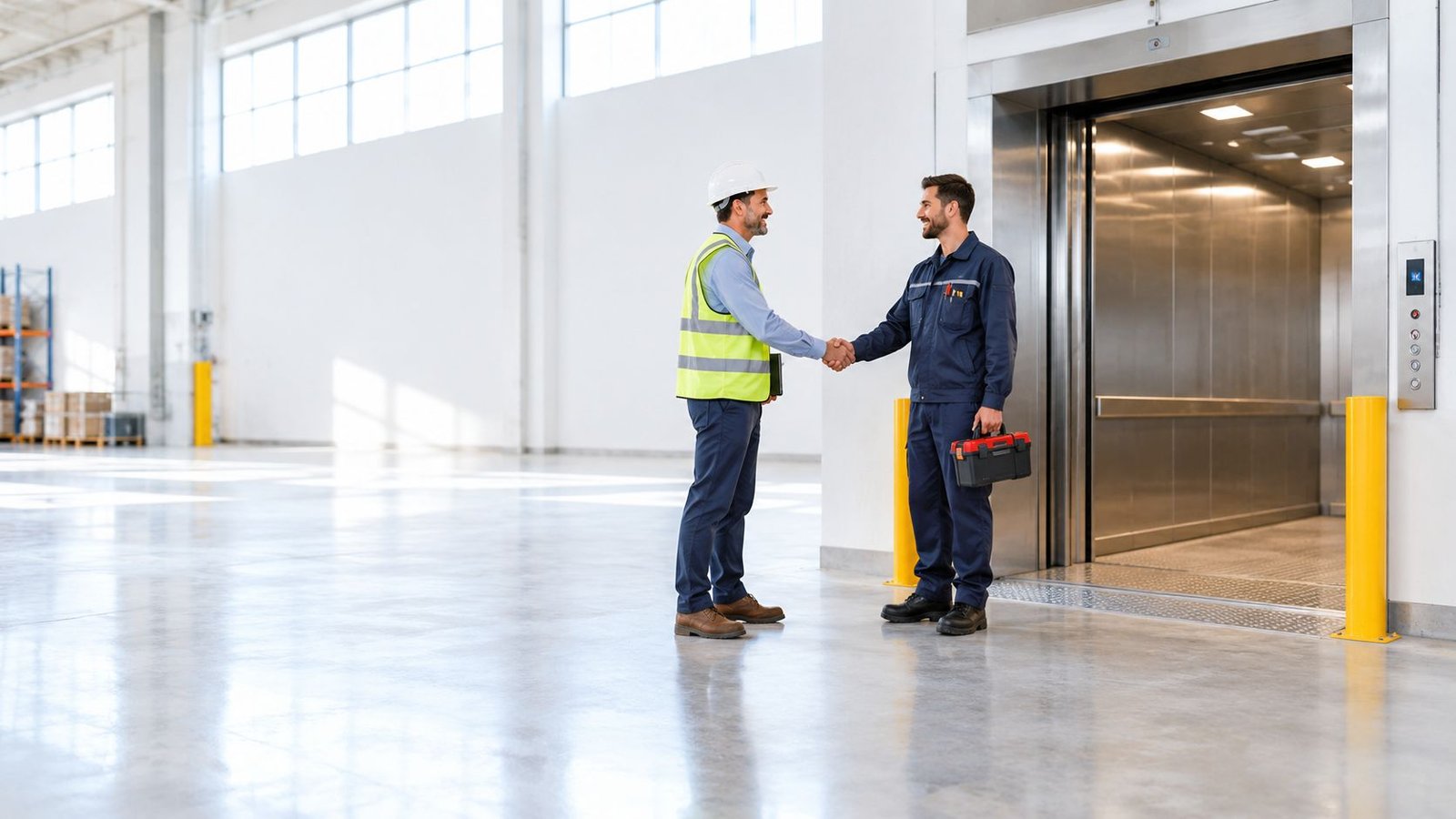 A professional man in a safety vest shaking hands with a technician holding a tool box.