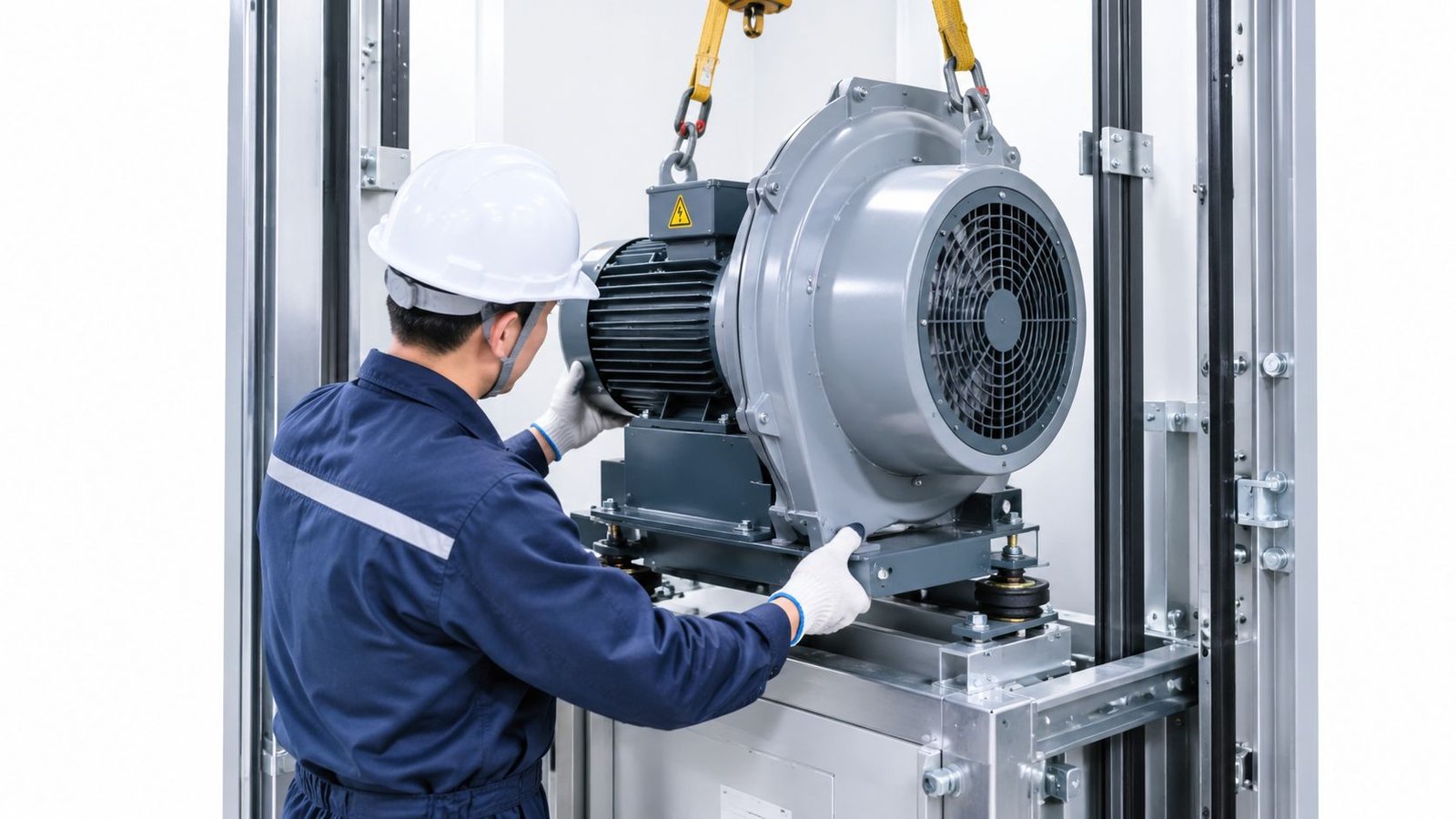 A technician wearing a hard hat and work uniform installing a large industrial blower motor into an elevator system.
