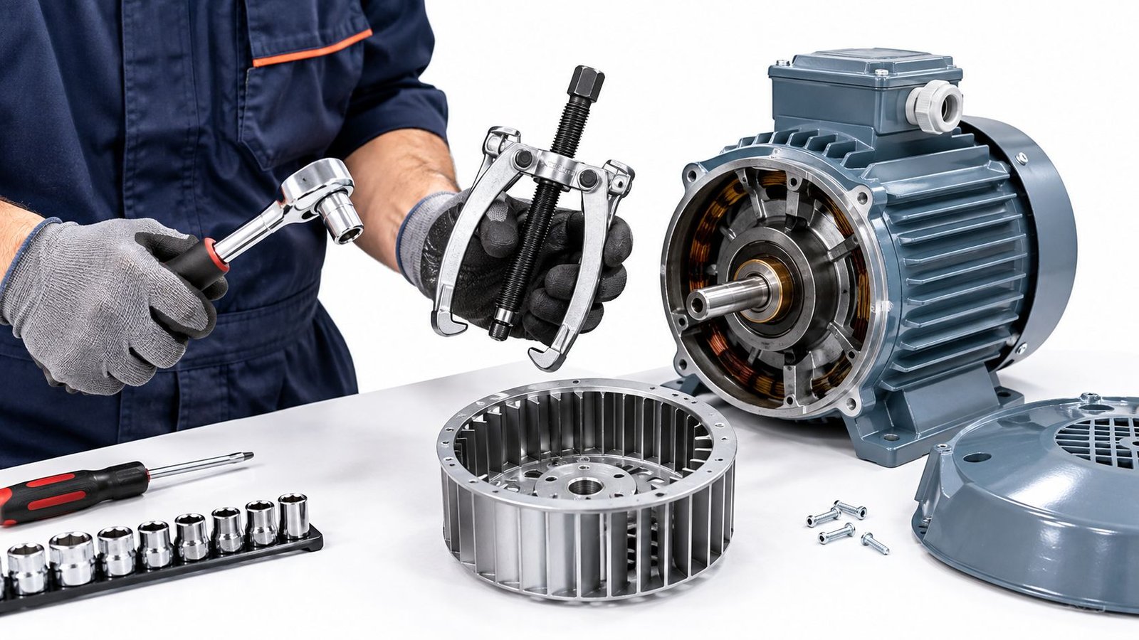 A technician wearing protective gloves holds tools to disassemble an industrial electric motor and fan assembly.