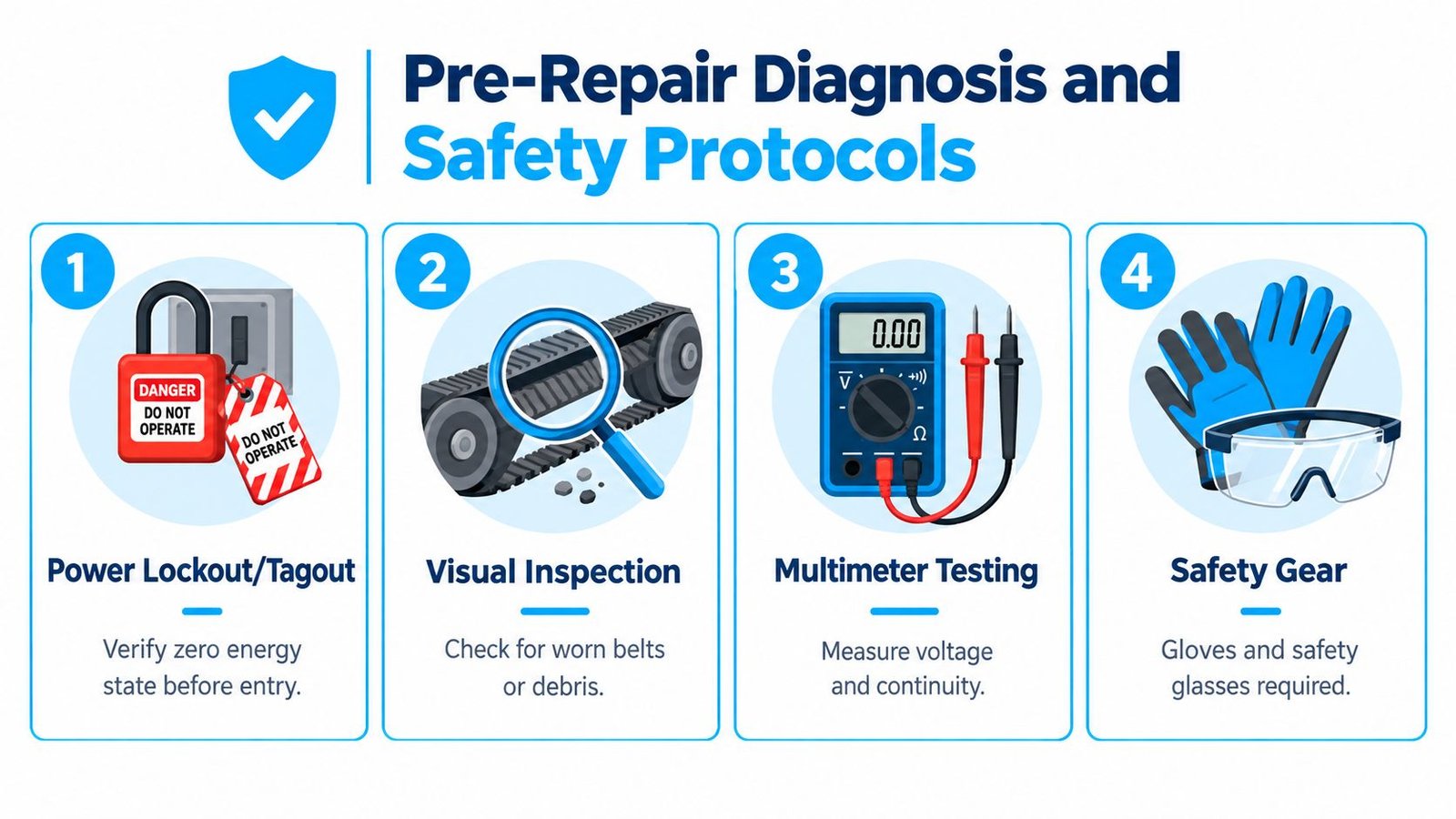 A four-step infographic illustrating pre-repair safety protocols including power lockout, visual inspection, multimeter testing, and safety gear.