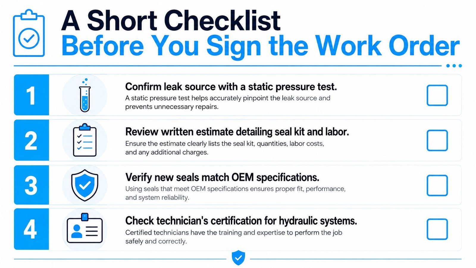 A four-step checklist for hiring hydraulic repair services, highlighting static testing, written estimates, OEM seals, and certifications.