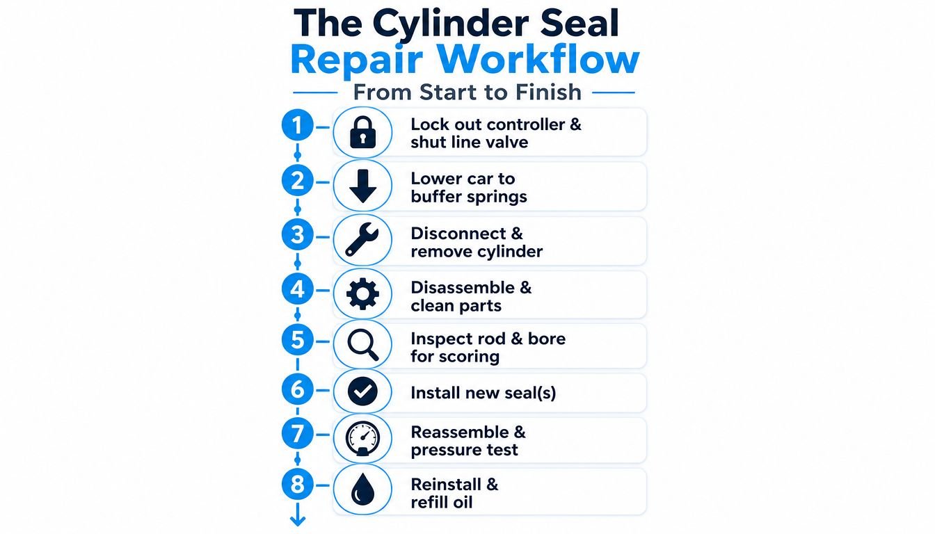 An infographic showing an eight-step workflow for the repair of a hydraulic elevator cylinder seal.