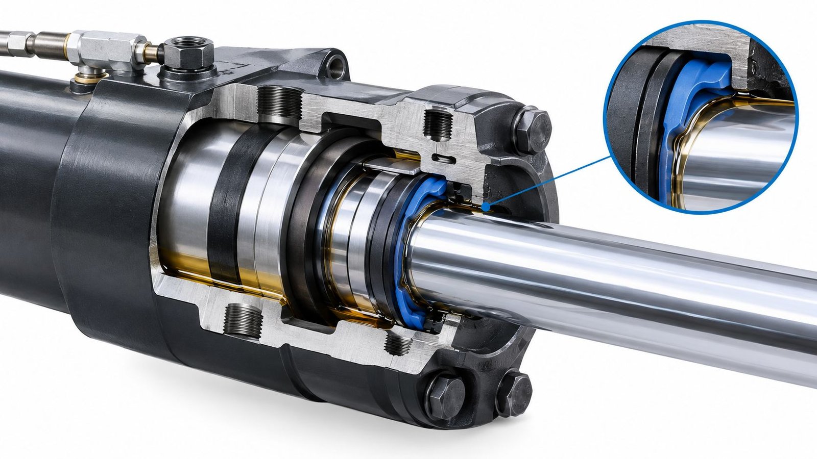 A detailed cross-section view of a hydraulic cylinder assembly showing the internal piston rod and sealing system.