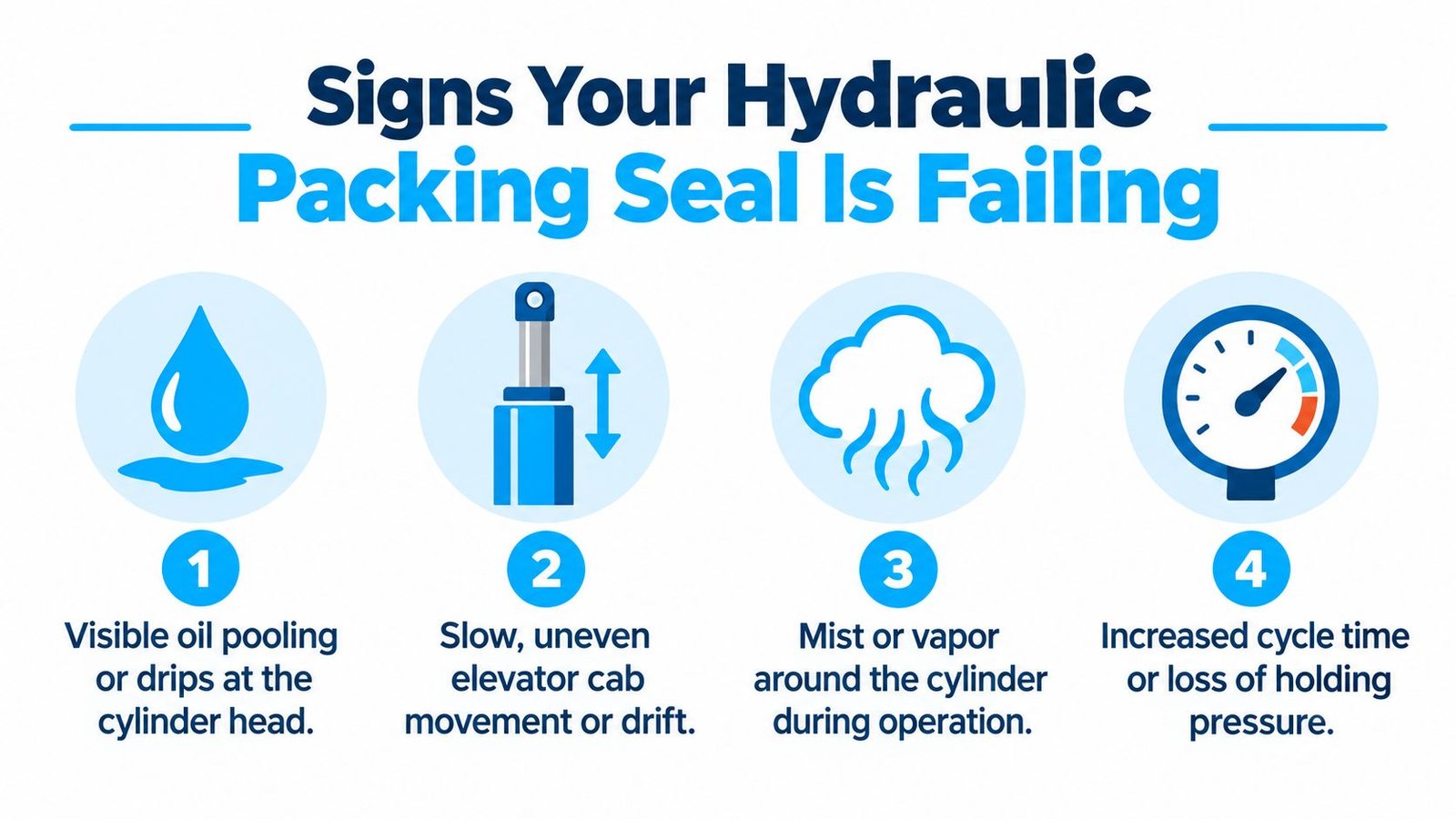 An infographic detailing four main warning signs of a failing hydraulic elevator packing seal for maintenance.