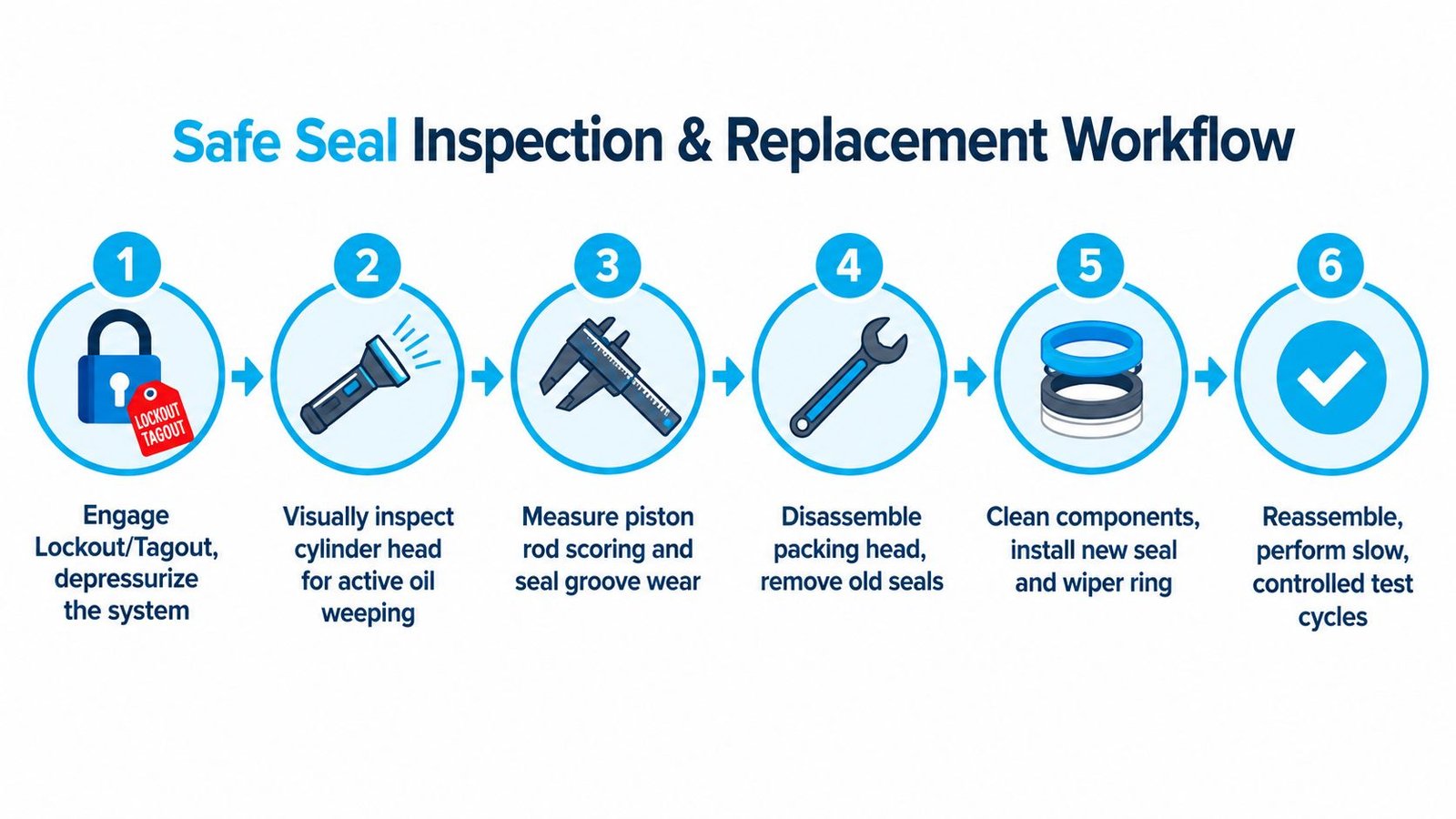 A six-step workflow diagram showing the safe process for inspecting and replacing hydraulic elevator packing seals.