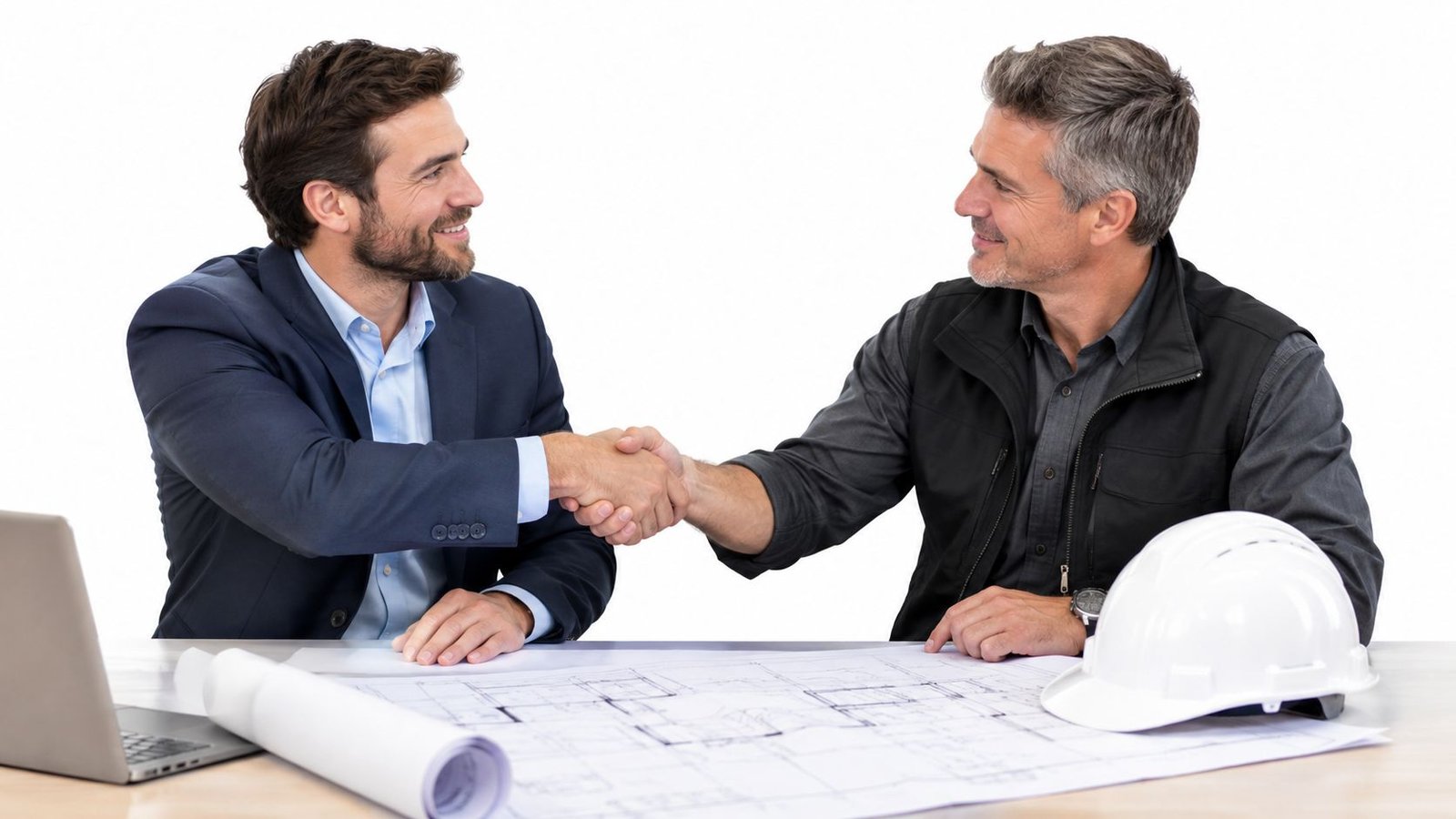 A professional man in a business suit and a construction supervisor shake hands over blueprints.