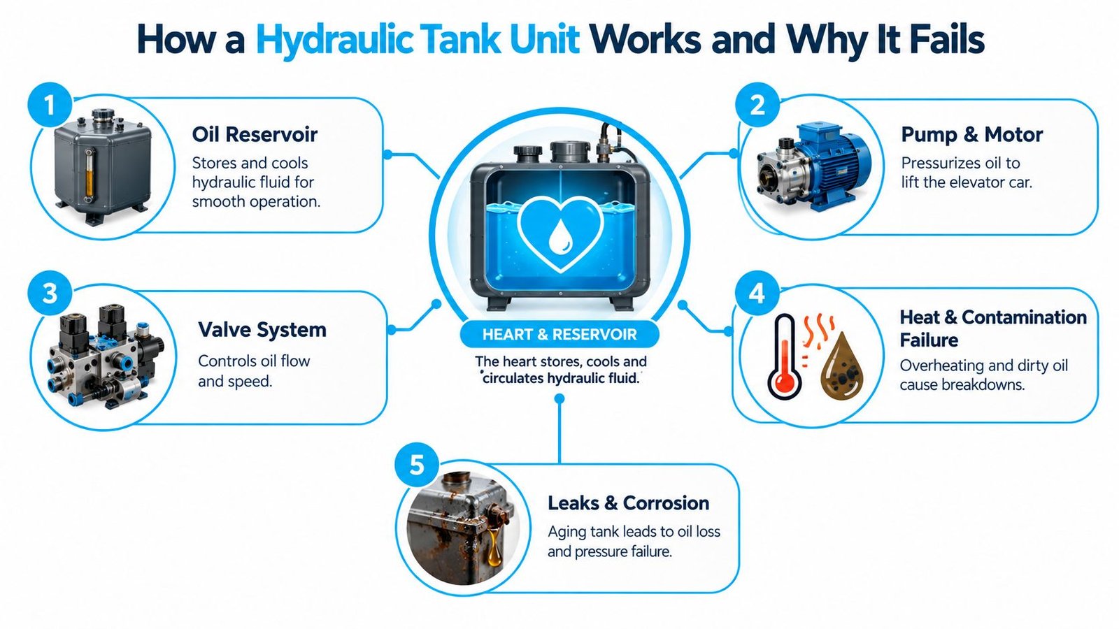 An infographic showing the components of a hydraulic elevator tank unit and common causes of mechanical failure.