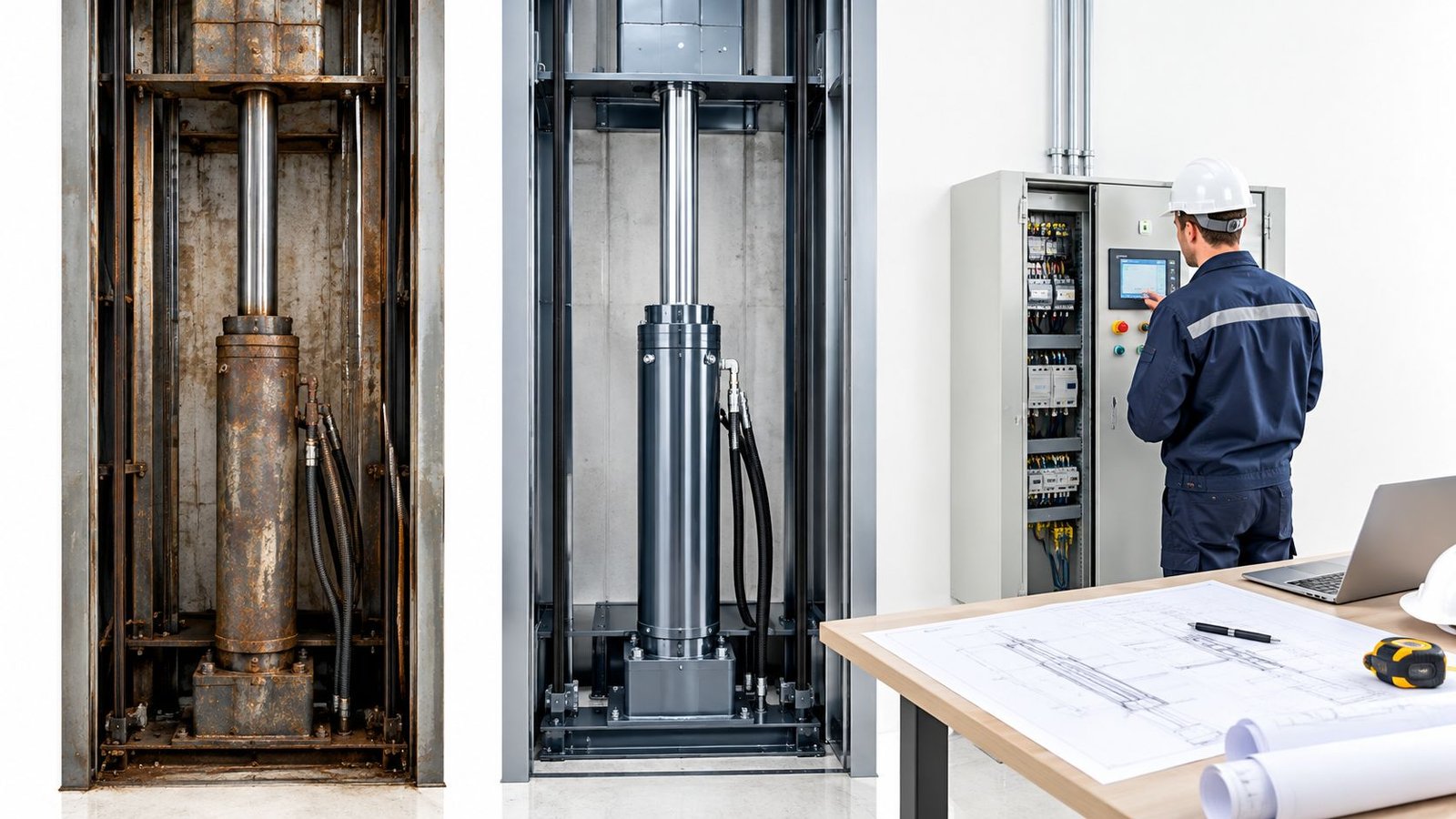 A technician inspects a hydraulic freight elevator system, comparing an old rusted cylinder with a new installation.