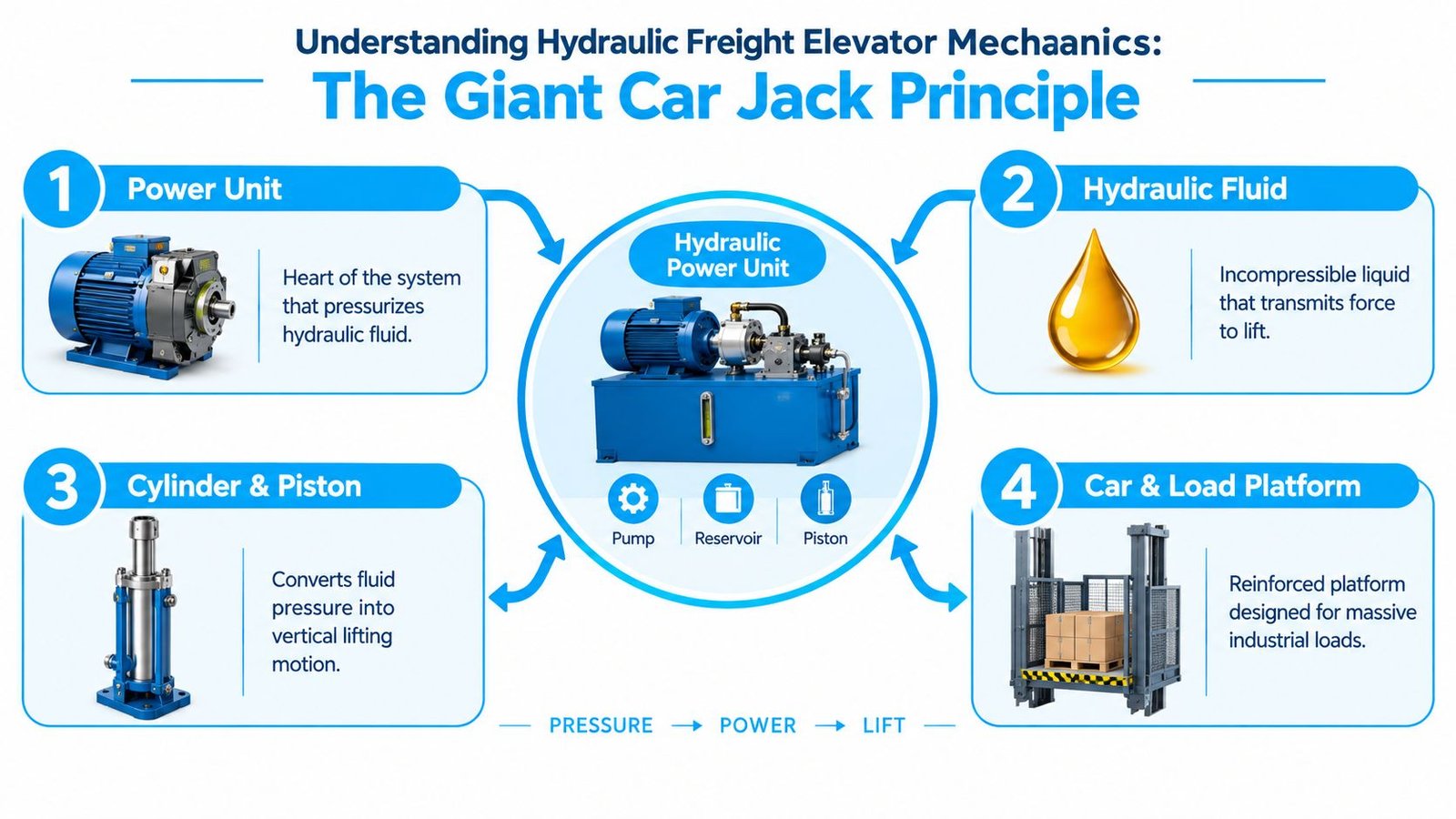 An infographic diagram explaining the mechanics of a hydraulic freight elevator through its four core components.