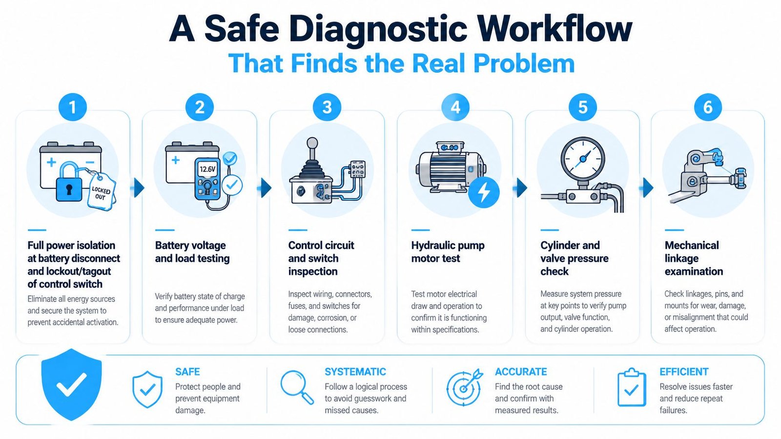 A six-step infographic detailing a safe diagnostic workflow for maintaining and repairing industrial mechanical equipment.