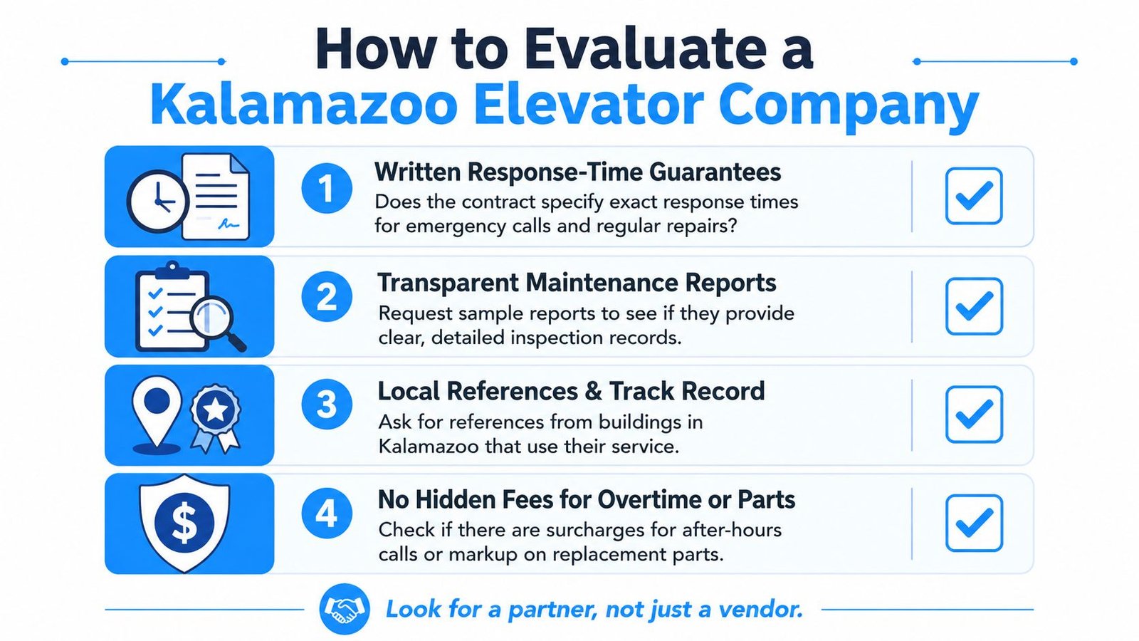 A professional infographic outlining four essential tips for evaluating a reliable elevator service company in Kalamazoo.