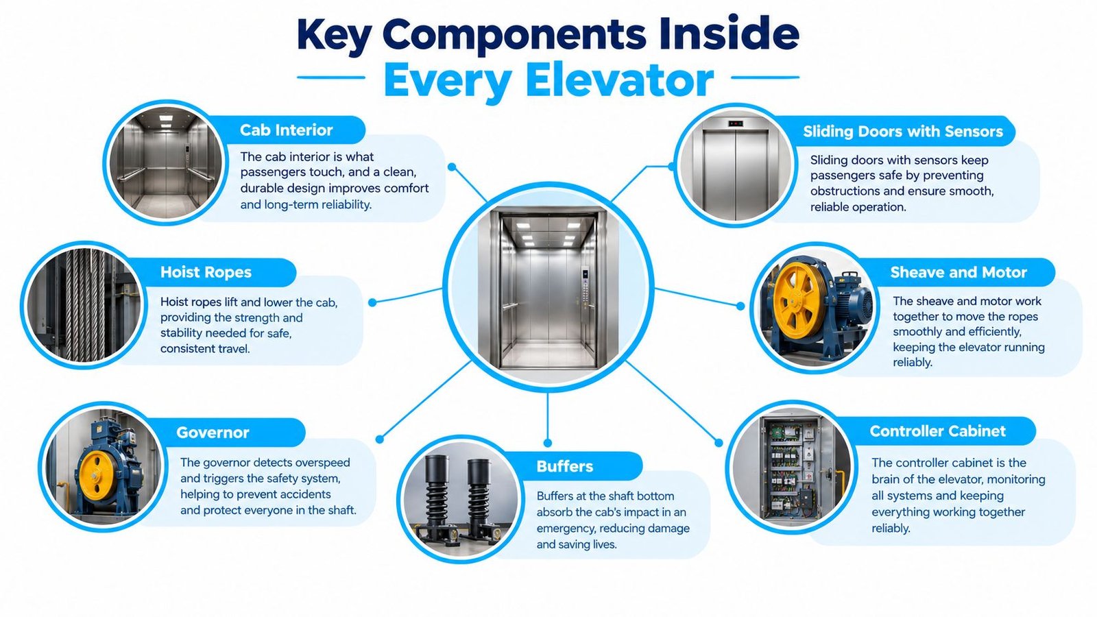 A descriptive infographic showing the key components inside an elevator, including the cabin, ropes, motor, and safety systems.