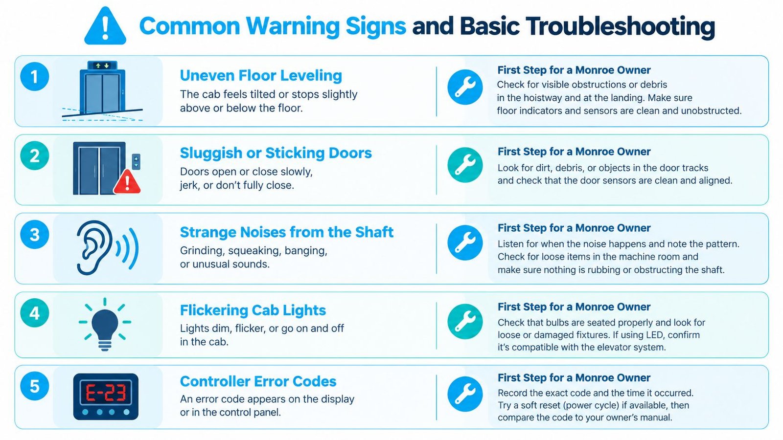 A list of five common elevator warning signs and basic troubleshooting steps for Monroe elevator owners.