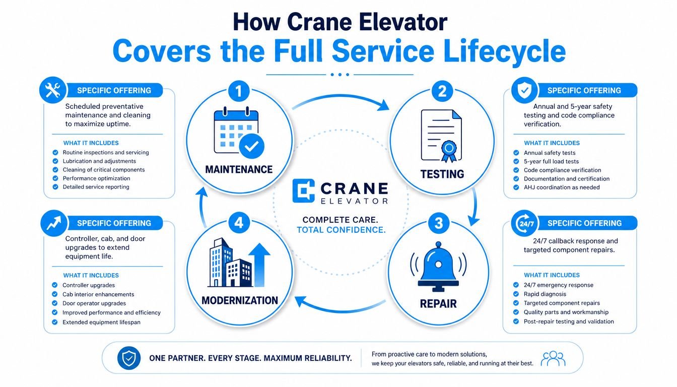 A service lifecycle infographic from Crane Elevator showing maintenance, testing, repair, and modernization stages for elevators.