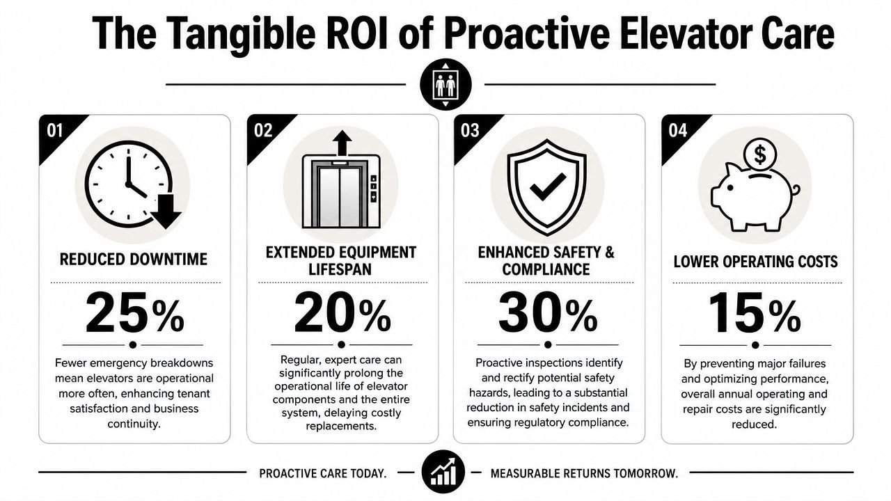An infographic showing the four tangible ROI benefits of proactive elevator maintenance including downtime, lifespan, safety, and costs.