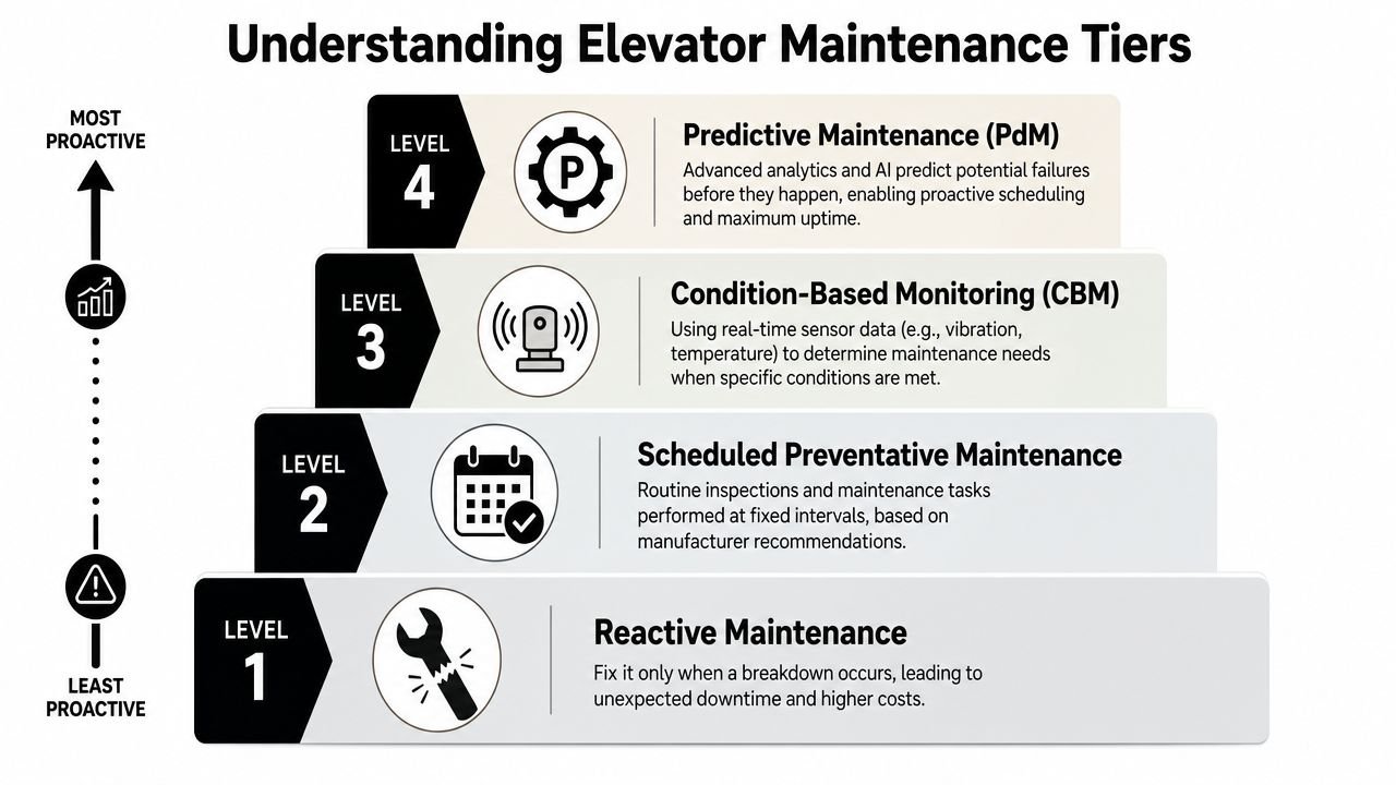 A tiered diagram showing four levels of elevator maintenance from reactive to predictive strategies for improved uptime.