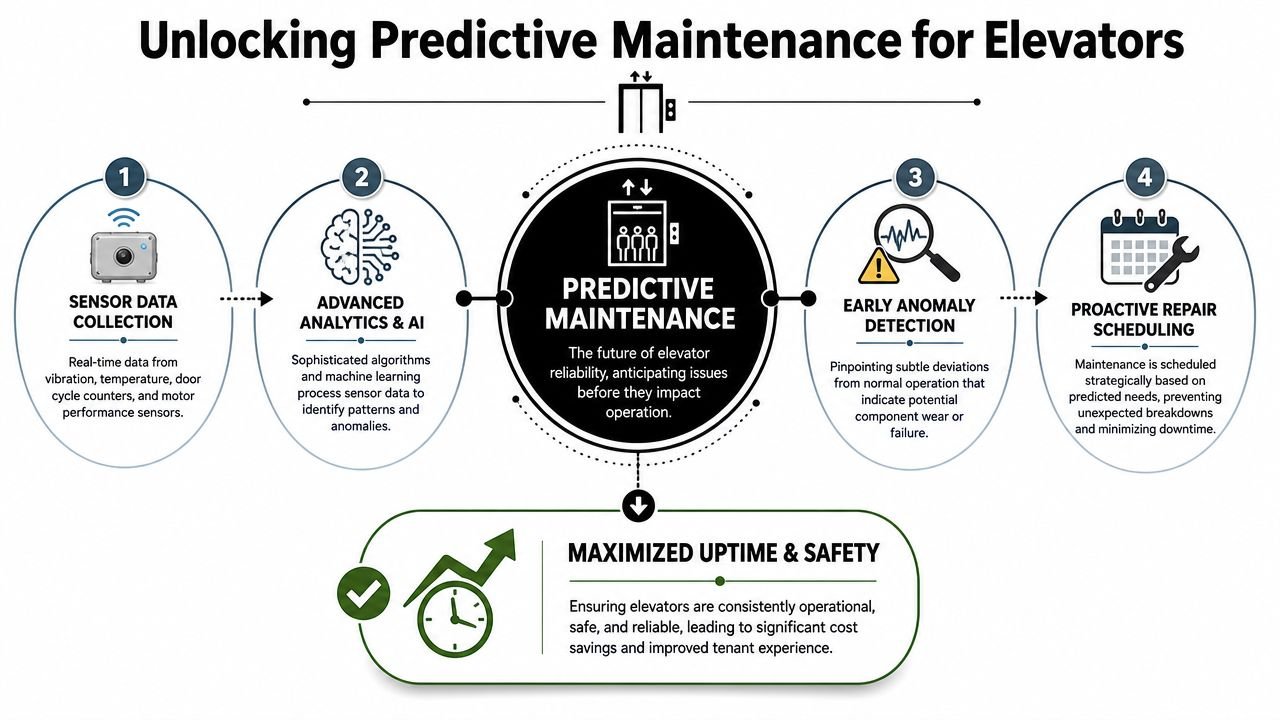 A four-step infographic explaining how predictive maintenance improves elevator reliability, safety, and operational uptime through data analytics.
