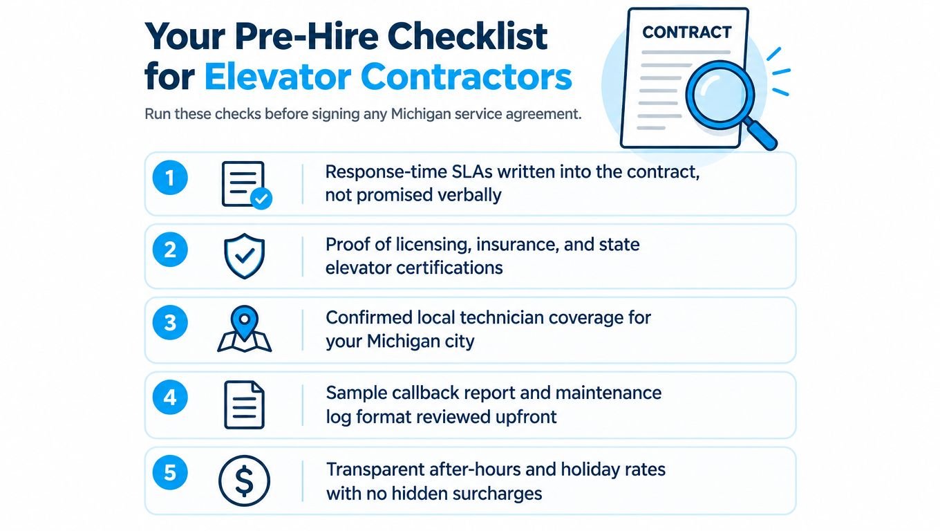 A checklist of five essential steps to follow before hiring elevator contractors for Michigan service agreements.