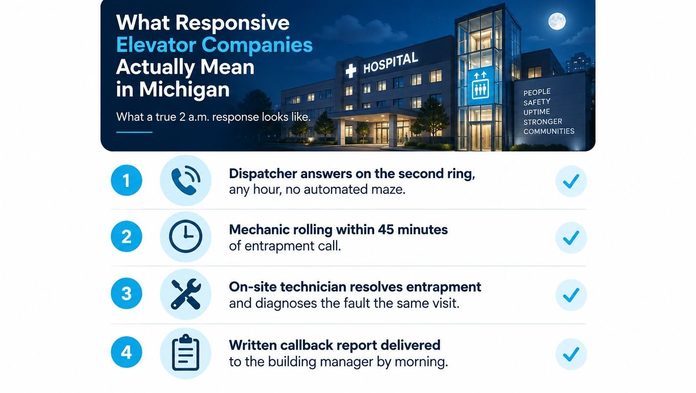 An infographic detailing the criteria for responsive elevator service, featuring four key steps including emergency response times.
