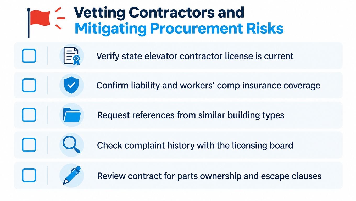 A checklist infographic titled Vetting Contractors and Mitigating Procurement Risks outlining key steps for hiring service providers.