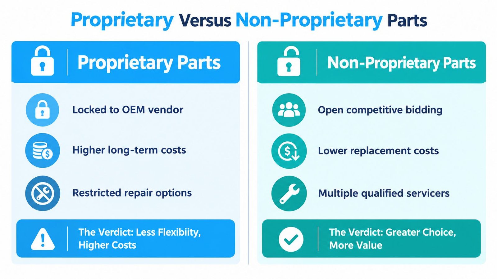 A comparison chart outlining the pros and cons of proprietary versus non-proprietary parts for industrial equipment.