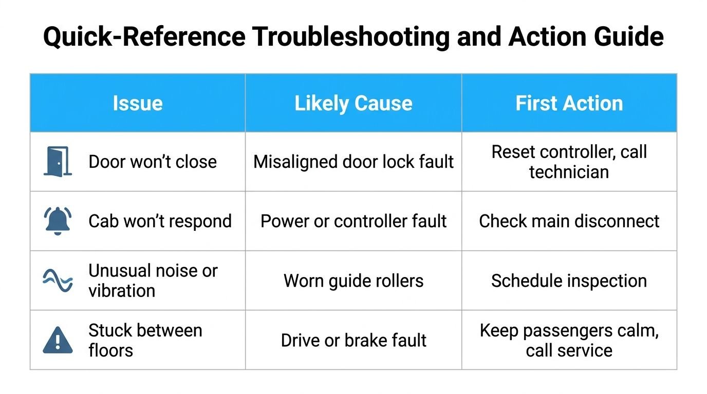 A quick-reference troubleshooting and action guide table for elevator maintenance displaying issues, causes, and first actions.