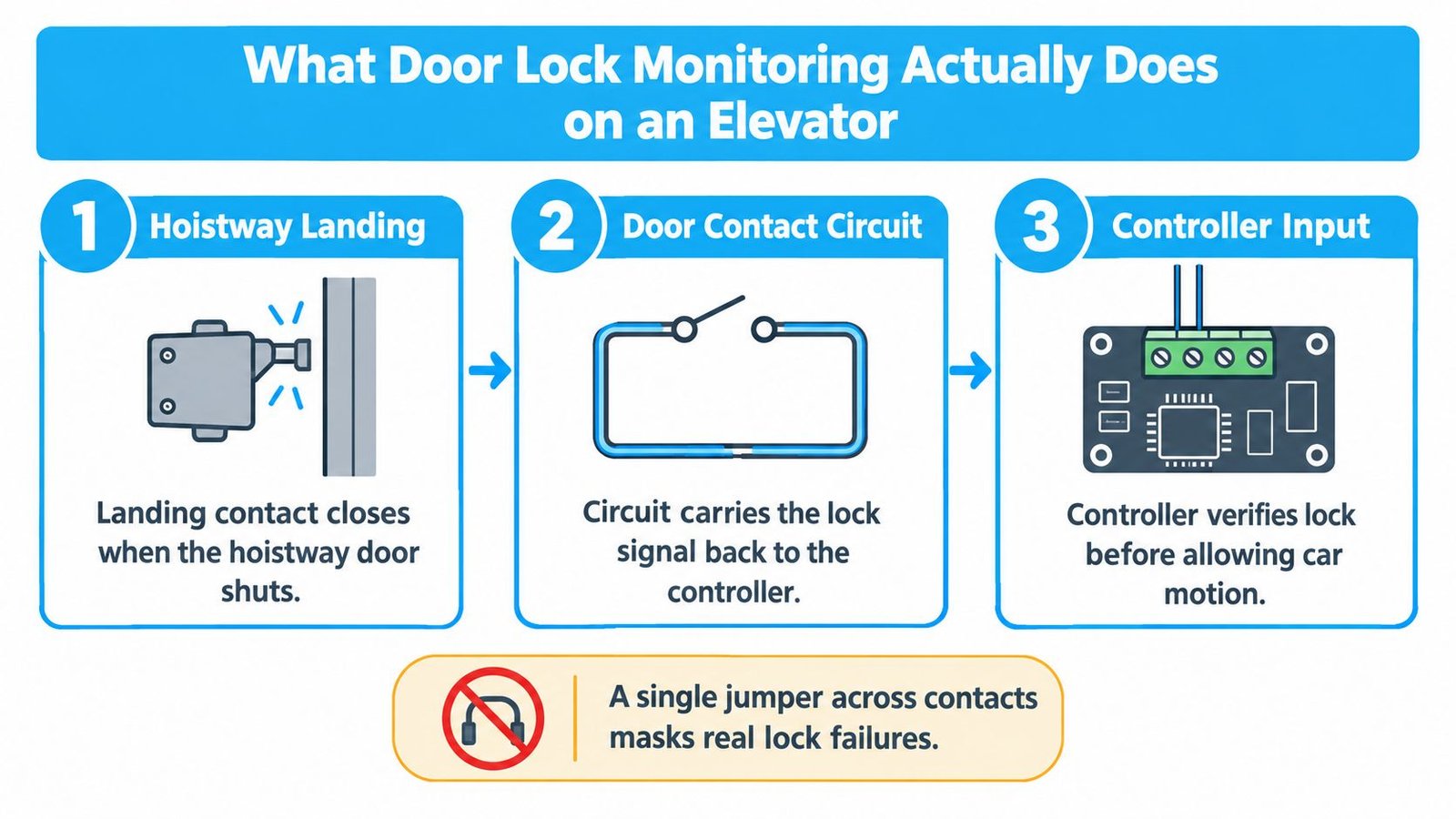 A diagram illustrating how elevator door lock monitoring works through landing contacts, circuits, and controller verification.