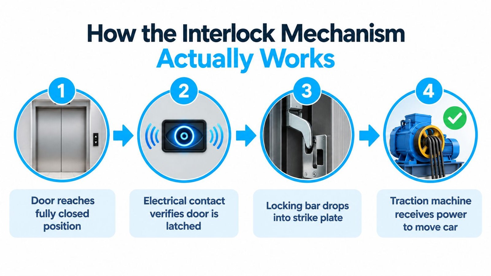 A diagram illustrating the four-step interlock mechanism process for ensuring elevator door safety and operation.