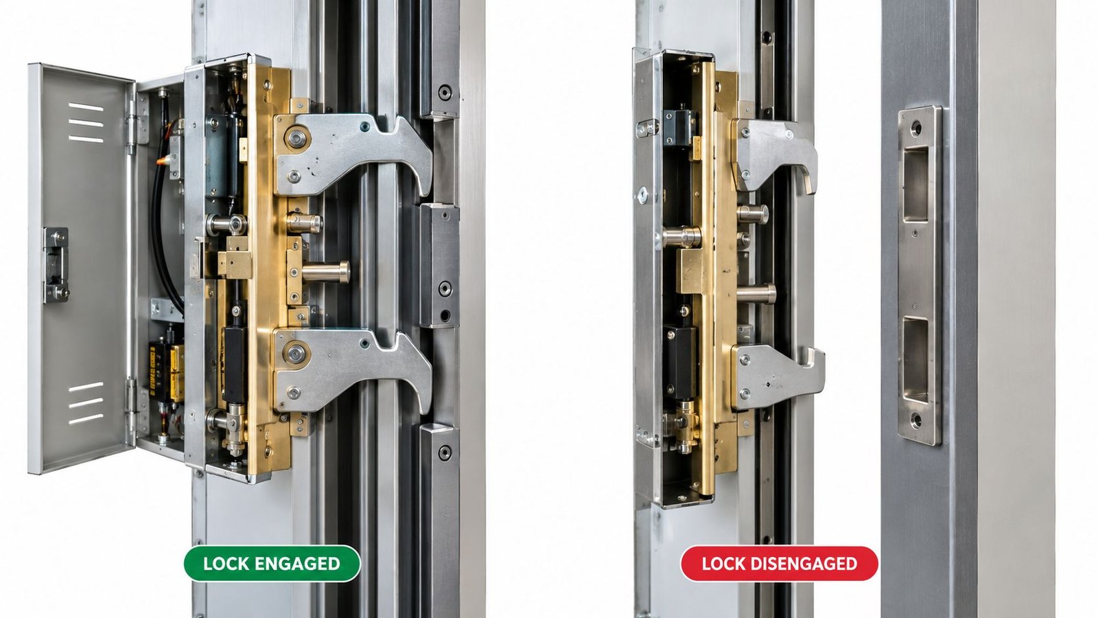 A split view showing an industrial elevator door lock mechanism in both engaged and disengaged positions.