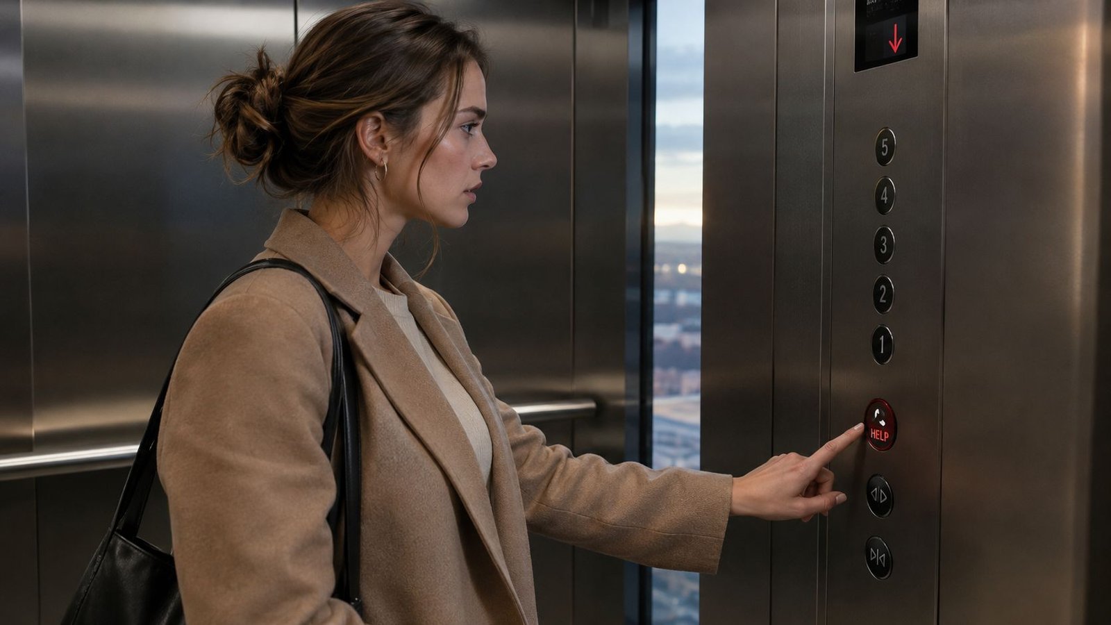 A woman in a tan coat presses the emergency help button inside a modern metal elevator.